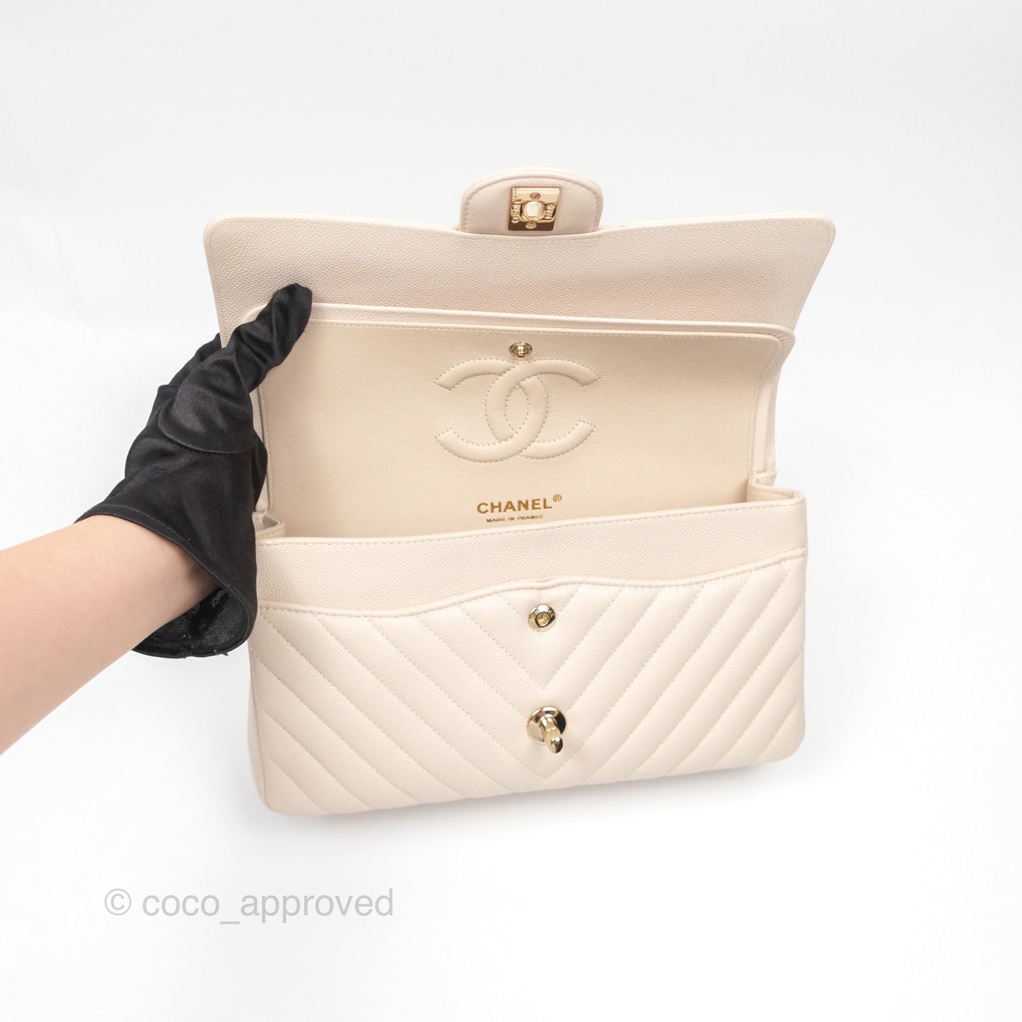 Chanel Classic M/L Medium Double Flap Chevron Light Beige Caviar Gold Hardware 20B