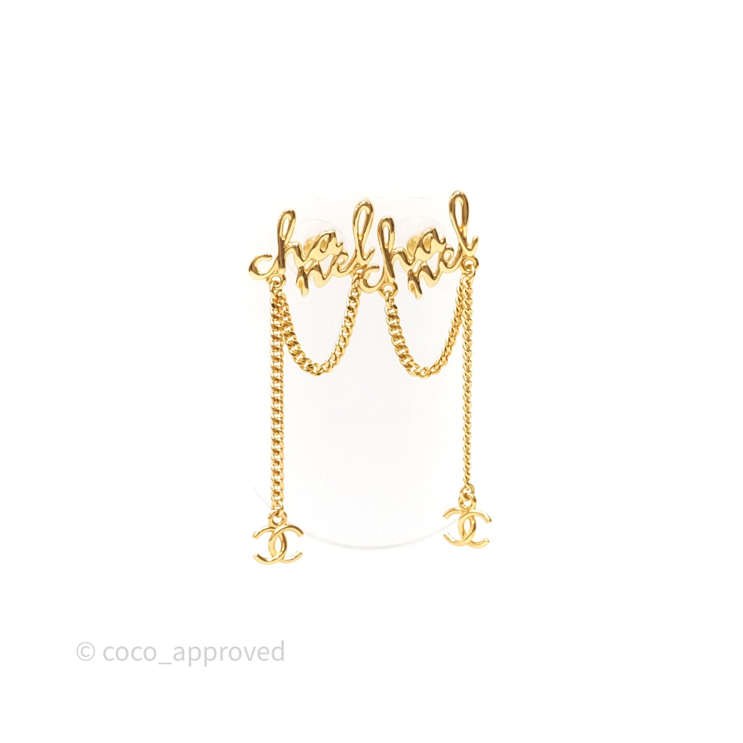 Chanel Metal Logo Drop Chain Earrings Gold Tone 24C