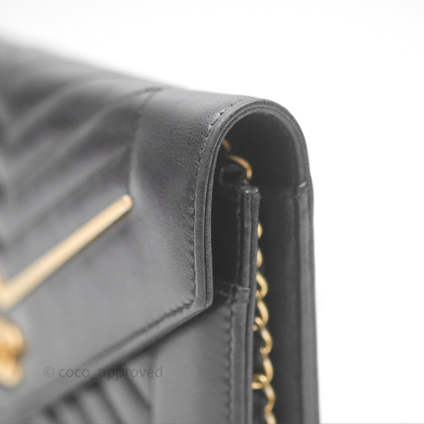 Chanel Reversed Chevron Wallet On Chain WOC Black Lambskin Aged Gold Hardware