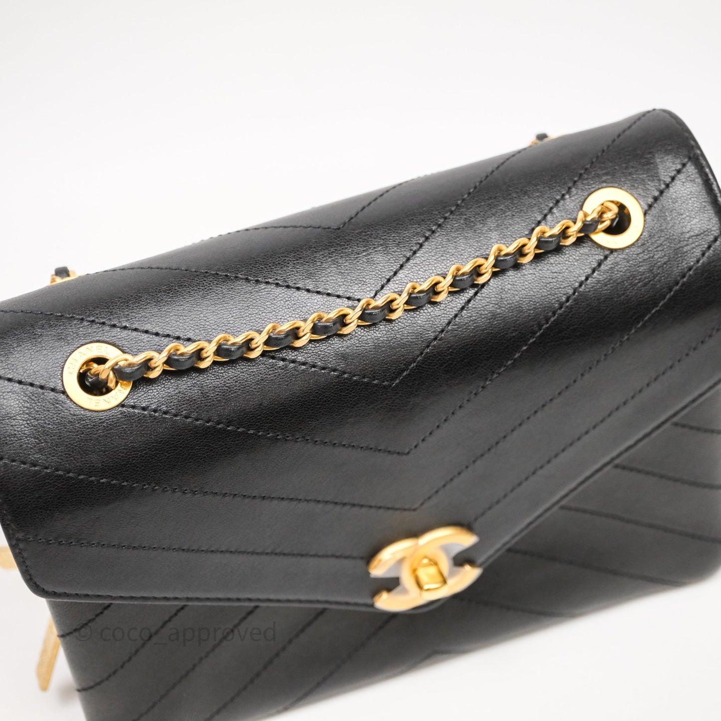 Chanel Chevron Flap Bag Black Calfskin Aged Gold Hardware