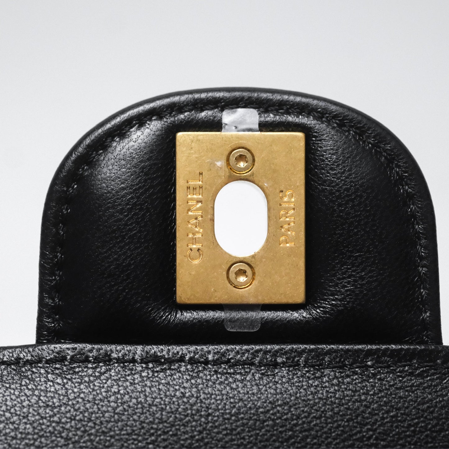 Chanel Flap Bag with Crystal Logo Top Handle Black Lambskin Aged Gold Hardware
