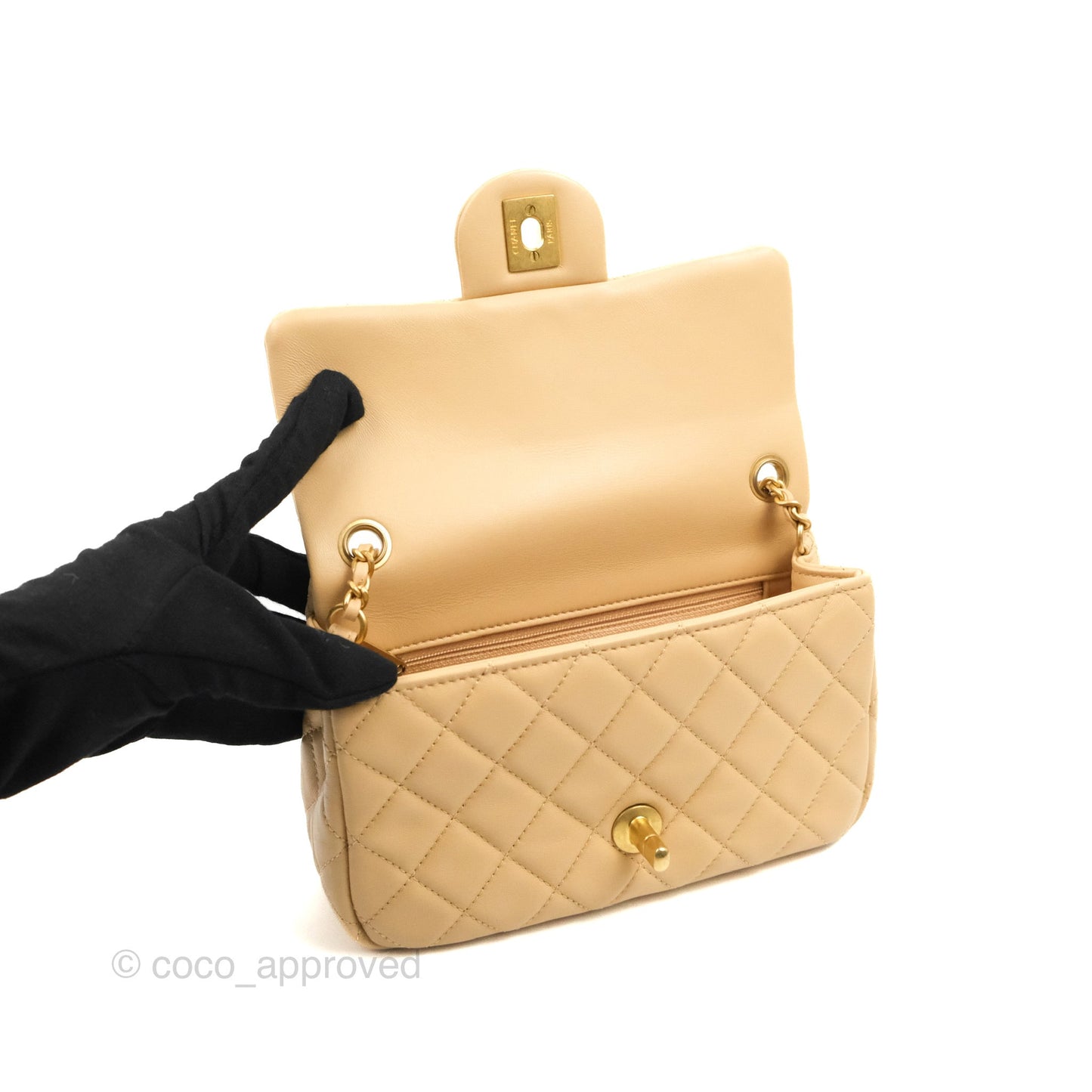 Chanel Mini Rectangular Pearl Crush Beige Lambskin Aged Gold Hardware