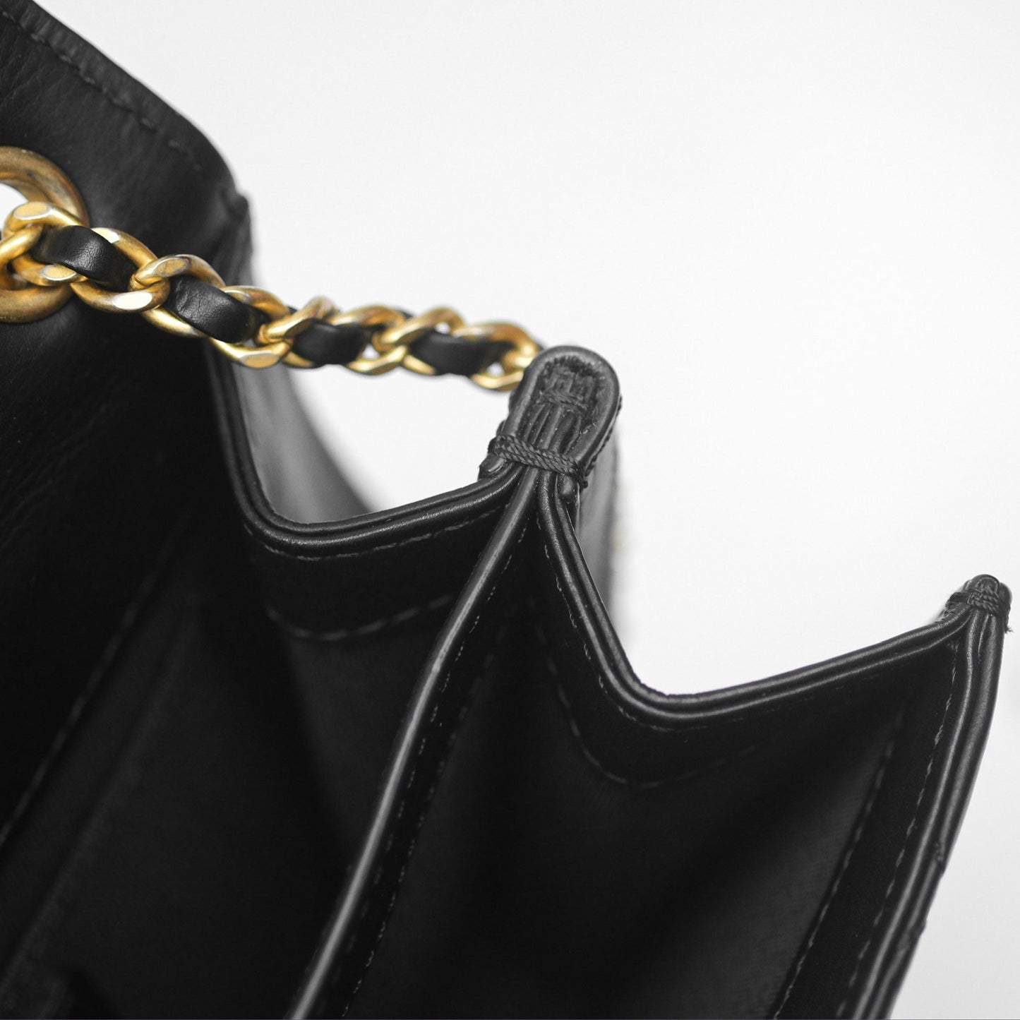 Chanel Quilted Side Chain Flap Bag Black Calfskin Aged Gold Hardware