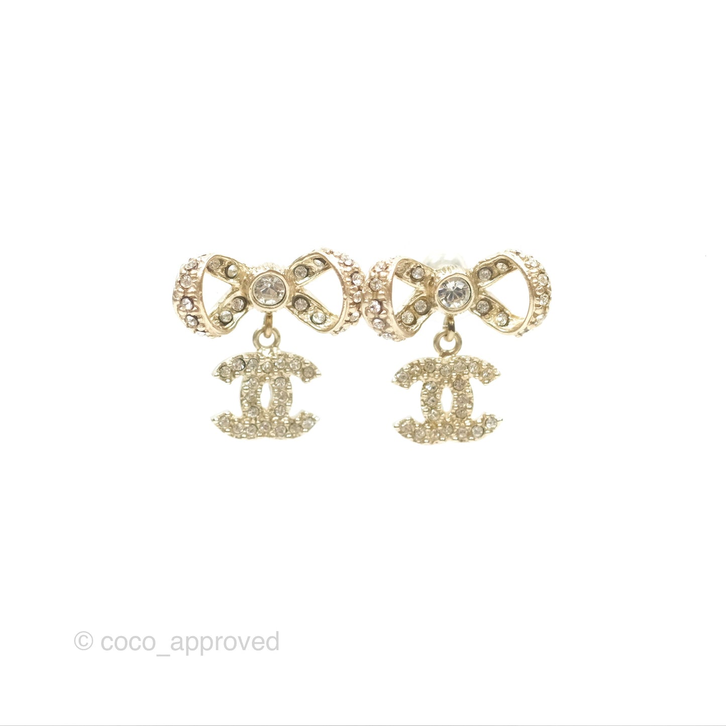 Chanel Crystal CC Bow Knot Earrings Gold Tone