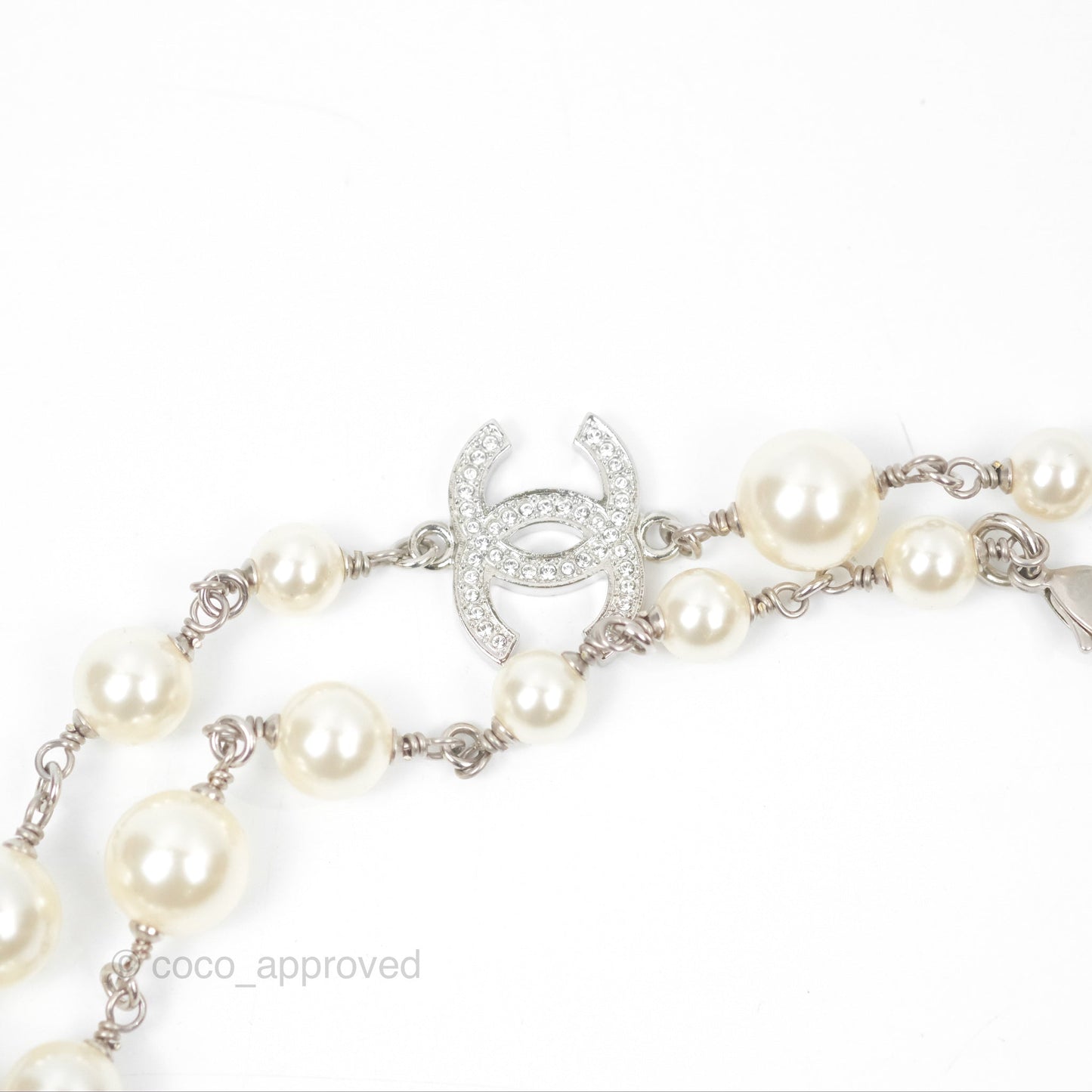 Chanel CC Crystal Pearl Long Necklace Silver Tone 23V