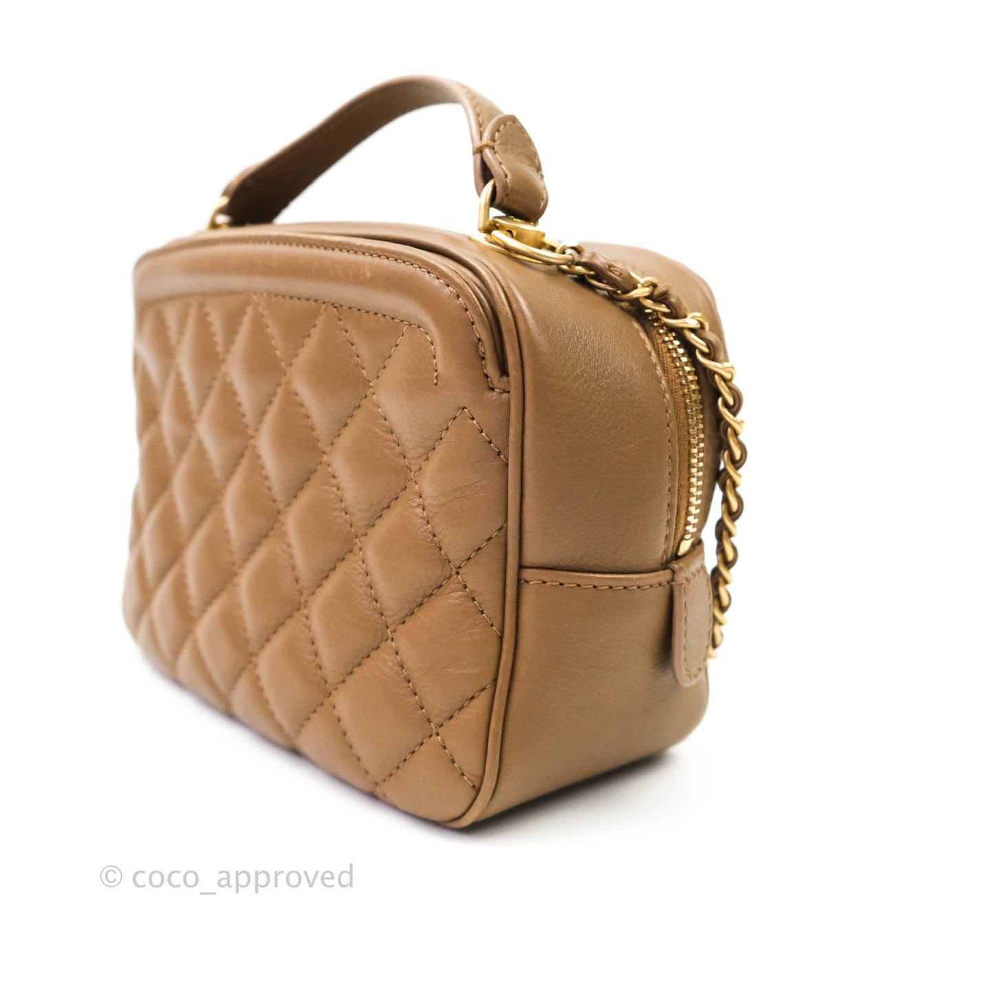 Chanel Small CC Quilted Vanity Case Brown Beige Calfskin Aged Gold Hardware
