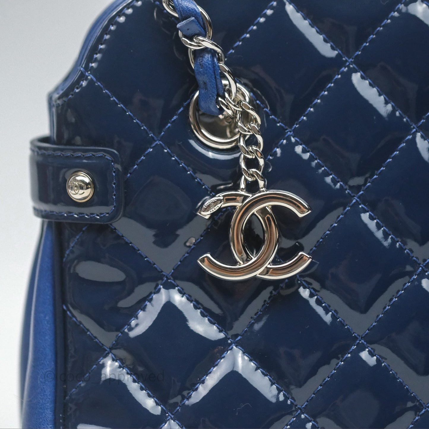 Chanel Quilted Bowling Tote Royal Blue Patent Silver Hardware