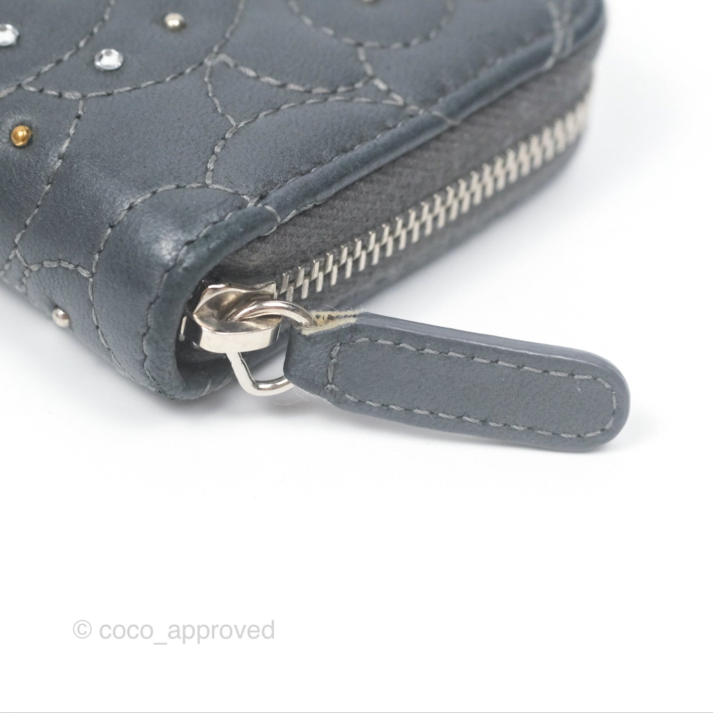 Chanel Camellia Crystal Studded Zipped Coin Purse Grey Silver Hardware
