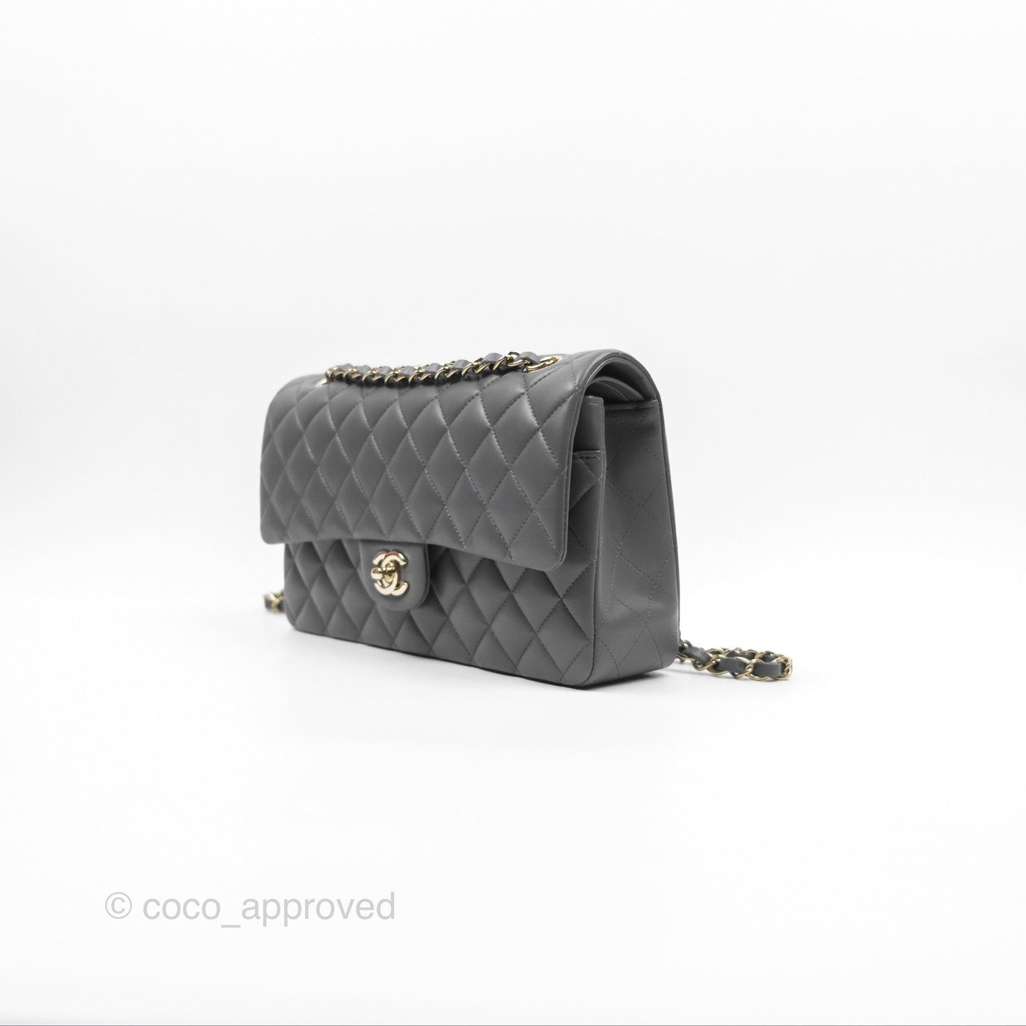 Chanel Classic M/L Medium Flap Quilted Grey Lambskin Gold Hardware