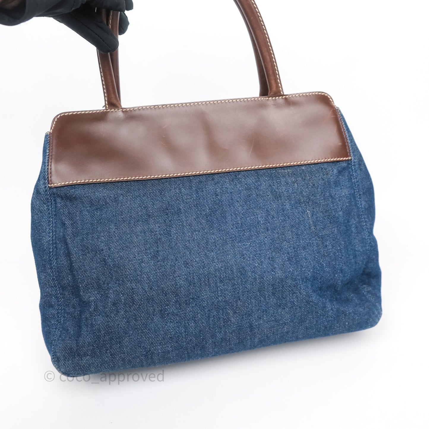 Chanel Vintage CC Tote Bag Denim Brown Leather