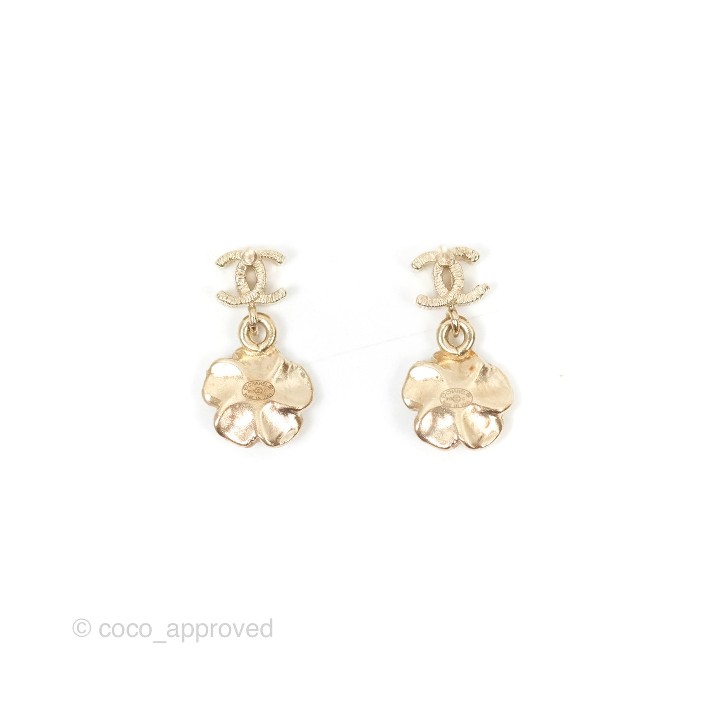 Chanel CC Camellia Drop Earrings Gold Tone 13C