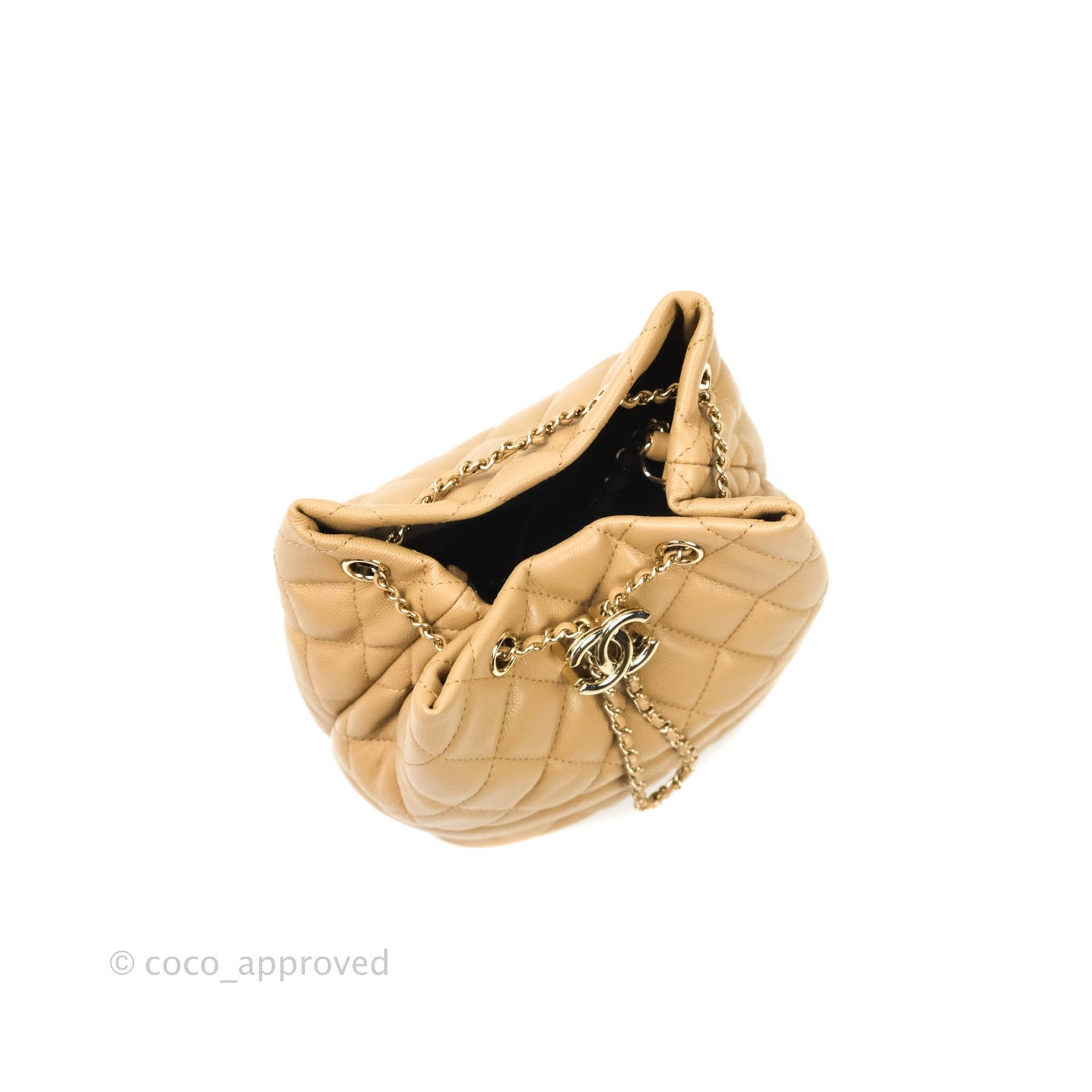 Chanel Caviar Quilted Rolled Up Bucket Drawstring Bag Beige Gold Hardware