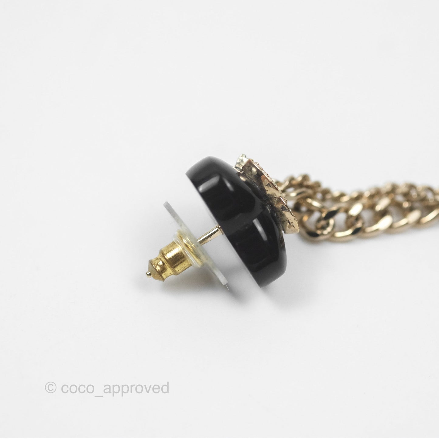 Chanel Crystal CC Black Heart Chain Drop Earrings Gold Tone 22B