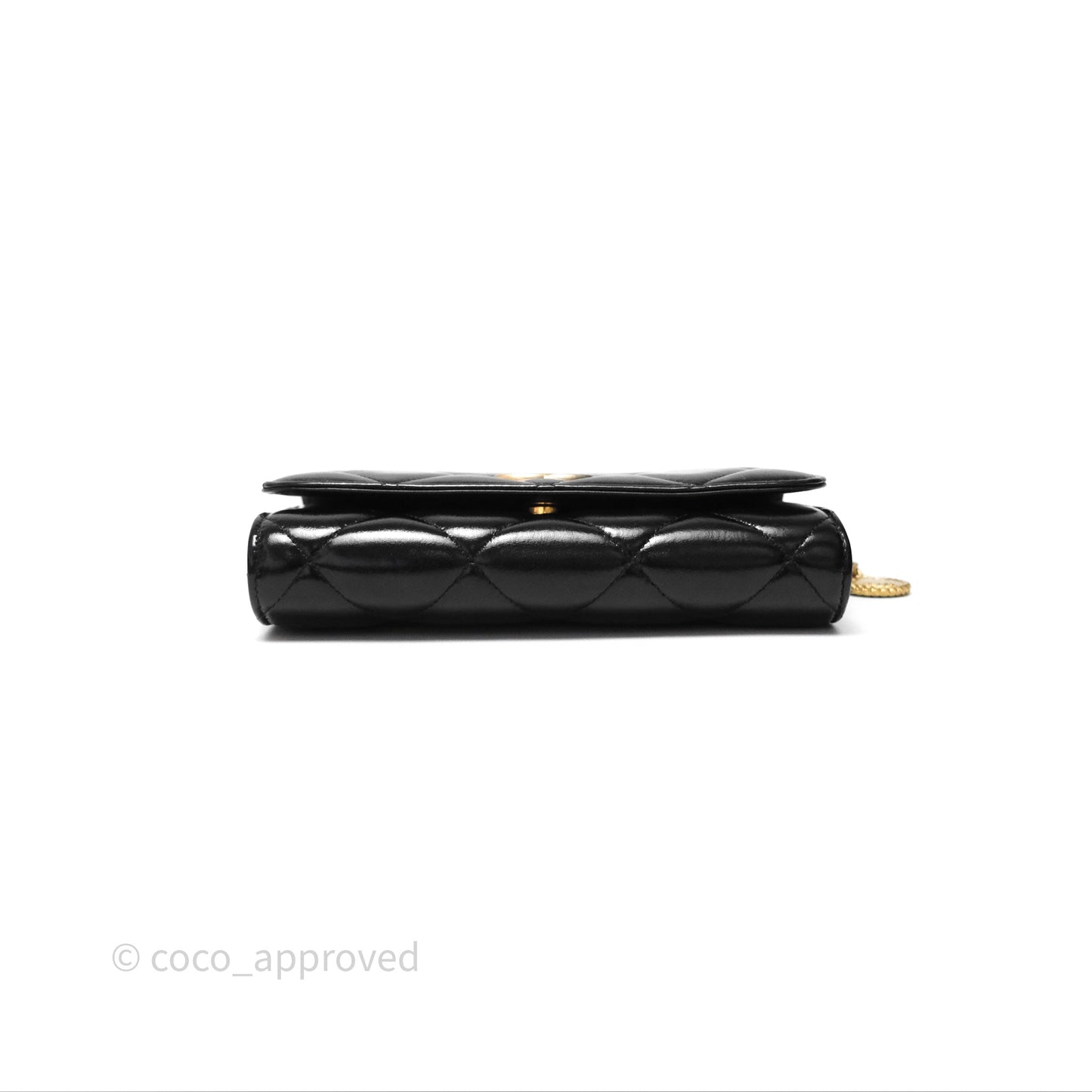 Chanel Quilted Medallion Wallet on Chain WOC Black Glossy Lambskin Gold Hardware 22K