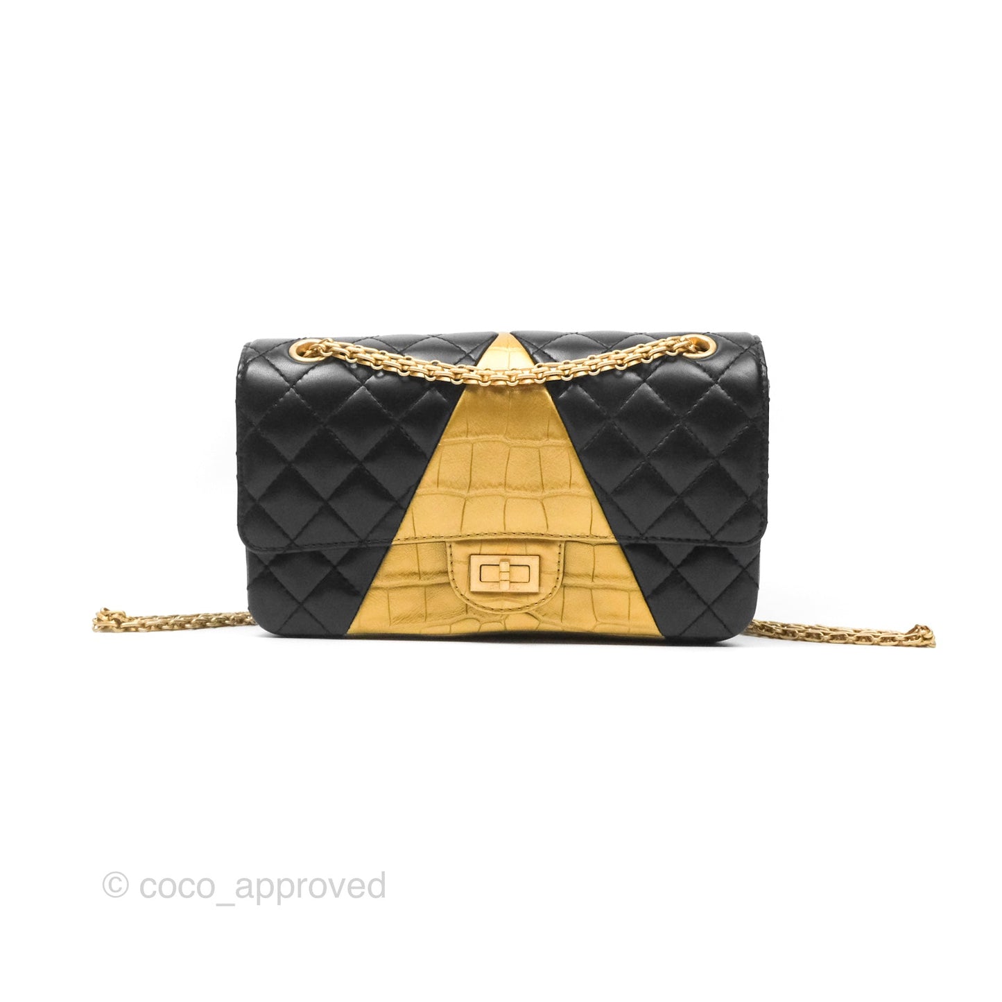 Chanel Reissue 2.55 Metallic Gold Crocodile Embossed Calfskin And Black Quilted Lambskin Aged Gold Hardware