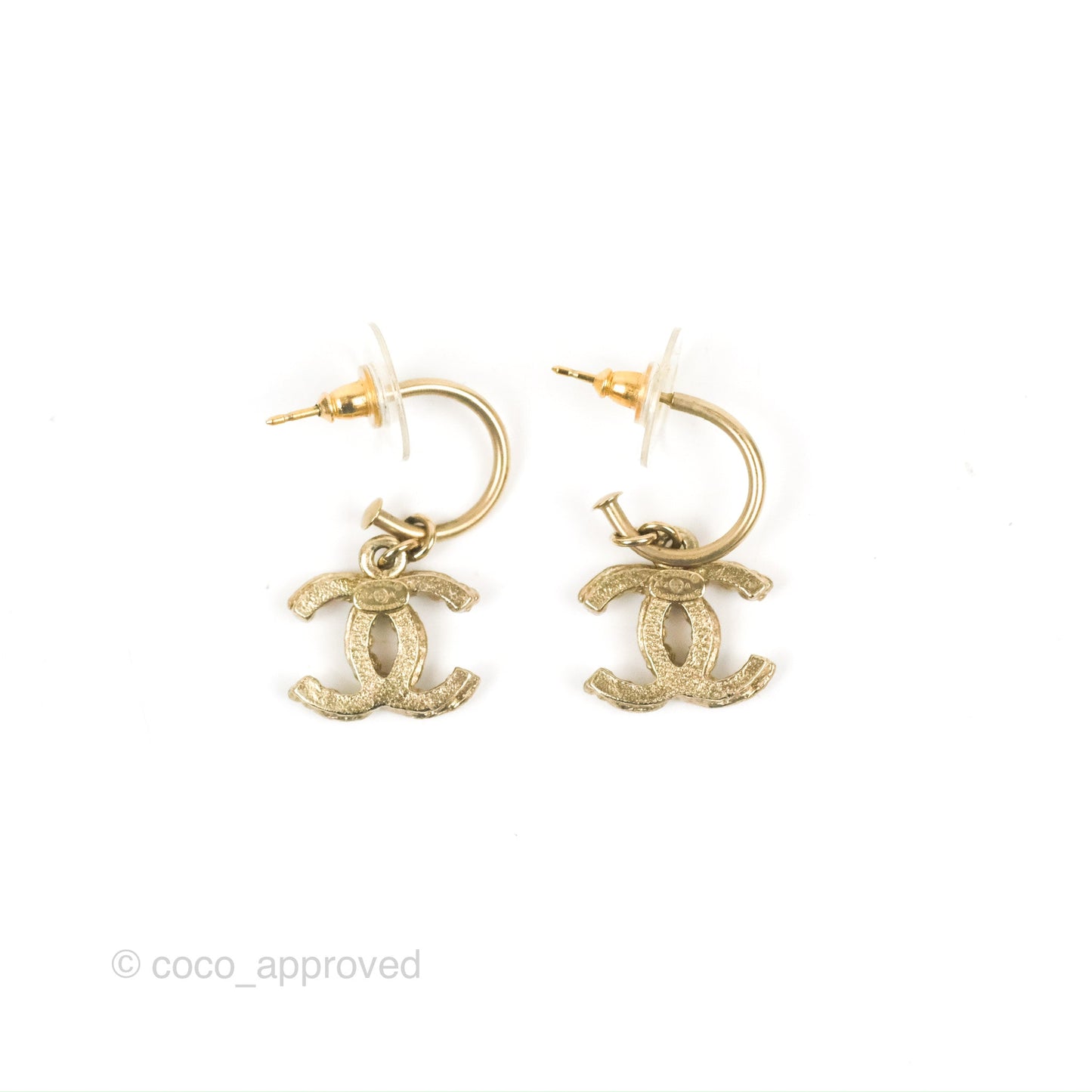 Chanel Pearl CC Drop Hoop Earrings Gold Tone 12A