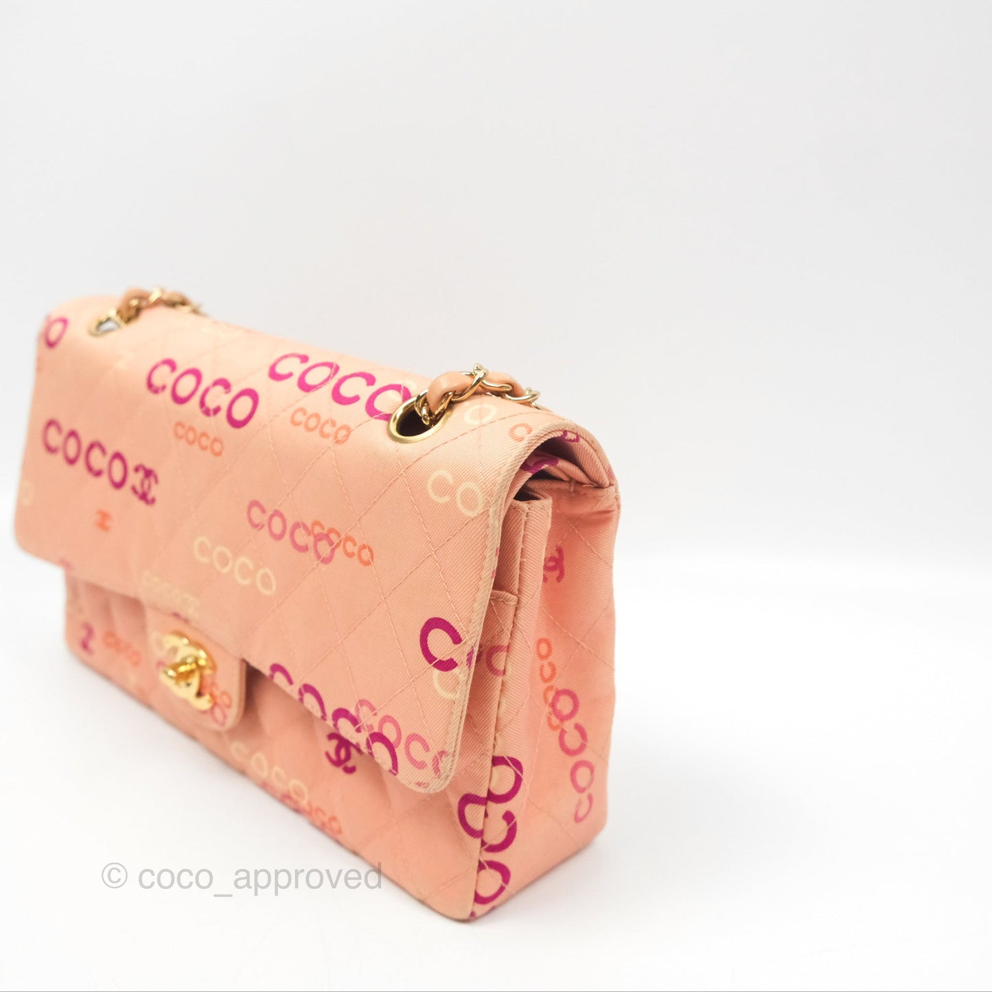Chanel Coco Logo Medium Classic Flap Quilted Coral Pink Canvas Gold Hardware