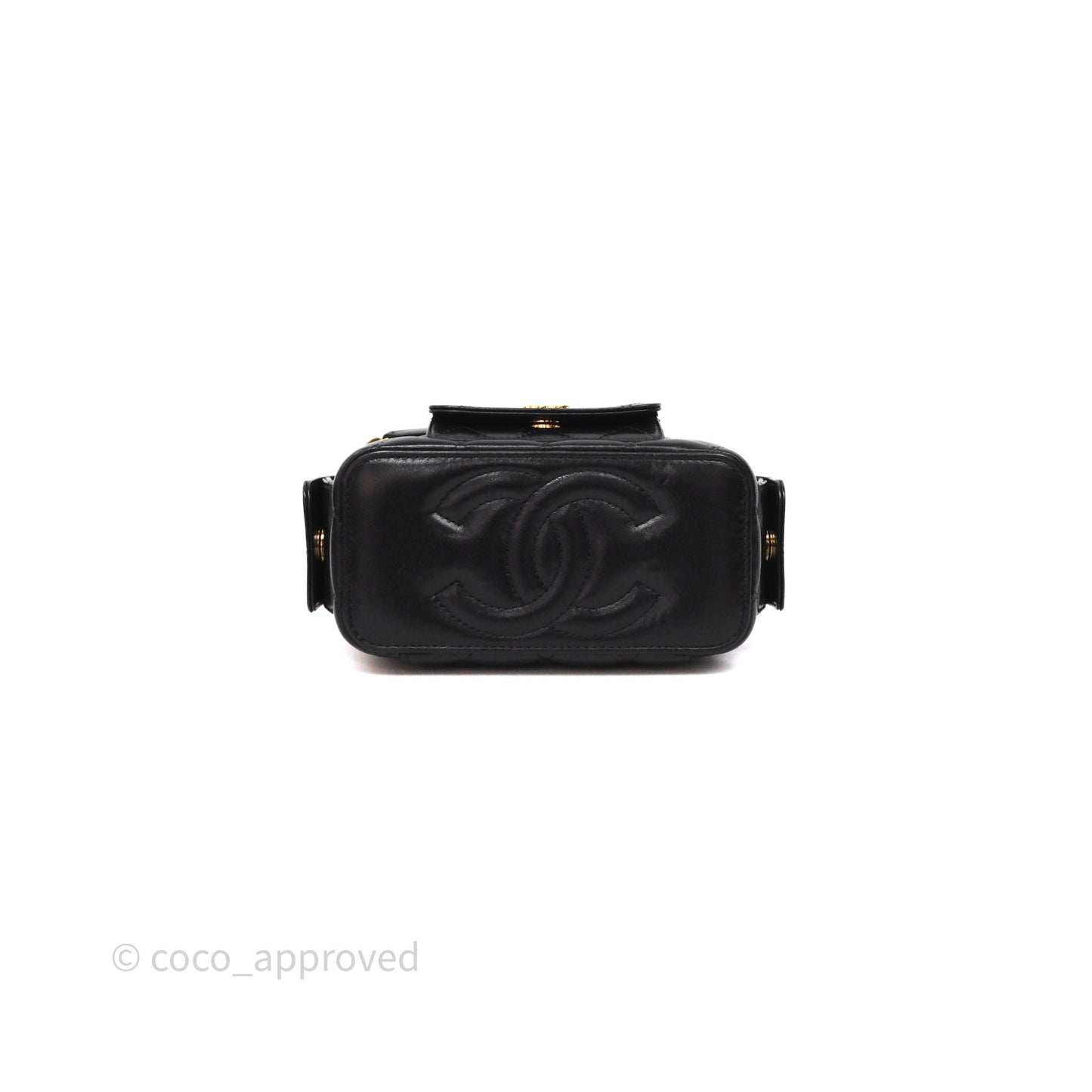 Chanel Quilted Top Handle Pocket Vanity Case Black Shiny Lambskin Bag Gold Hardware