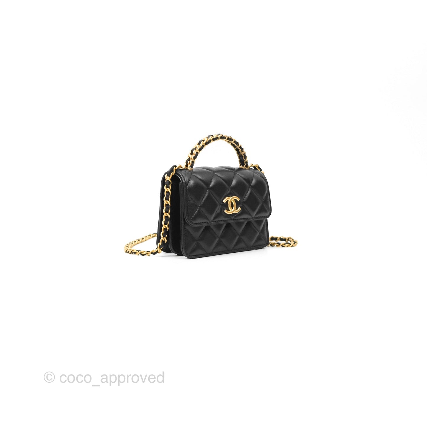 Chanel Top Handle Clutch With Chain Black Lambskin Aged Gold Hardware