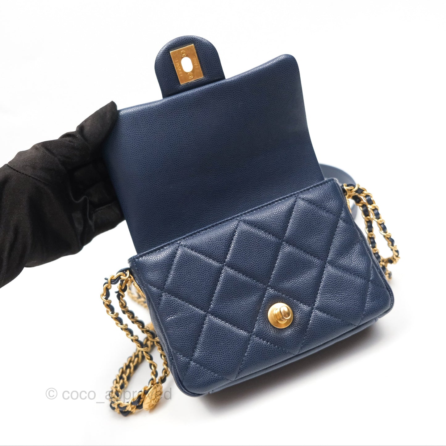 Chanel Mini Flap with Coin Charm Navy Caviar Aged Gold Hardware 22A