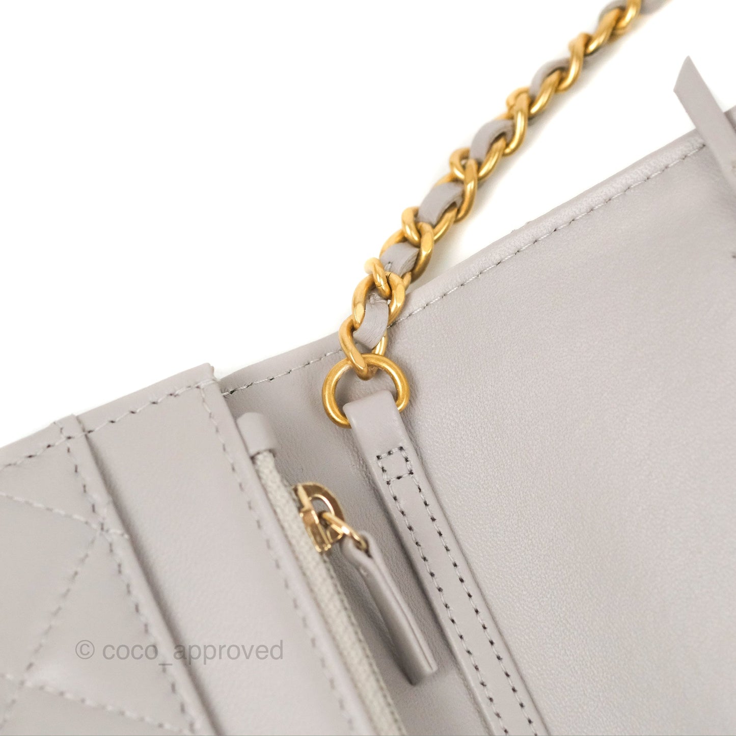 Chanel Quilted Pearl Crush Wallet on Chain WOC Light Grey Lambskin Aged Gold Hardware