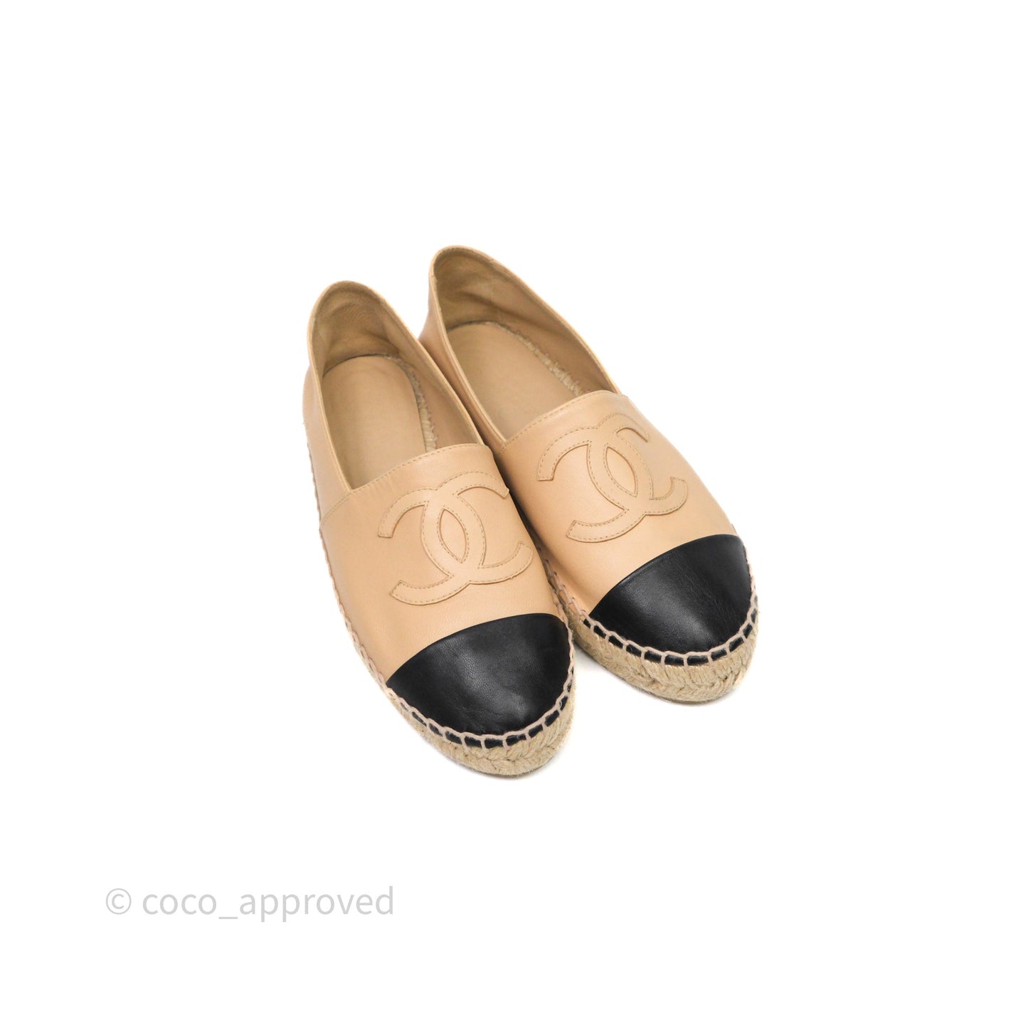 Chanel CC Espadrilles Beige Black Lambskin Size 37
