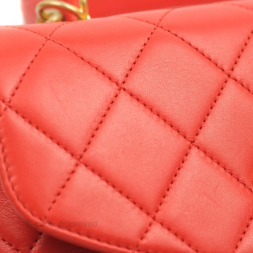 Chanel Top Handle Flap Bag Red Lambskin Aged Gold Hardware