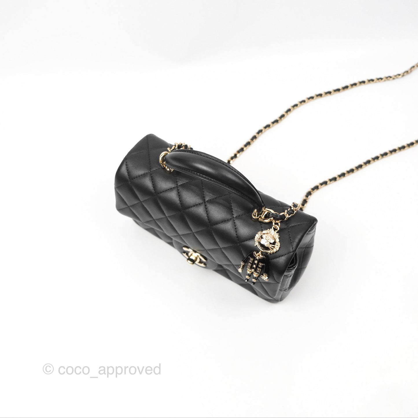 Chanel Top Handle Mini Rectangular Flap Bag with Charm Black Lambskin Gold Hardware