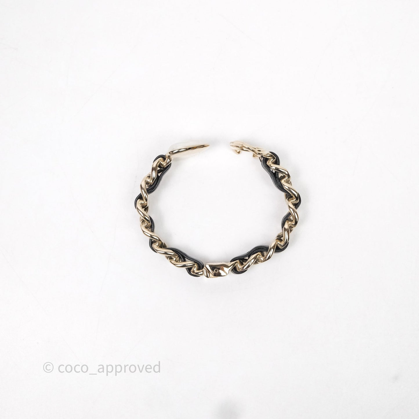 Chanel CC Black Leather Heart Bracelet Gold Tone 22C