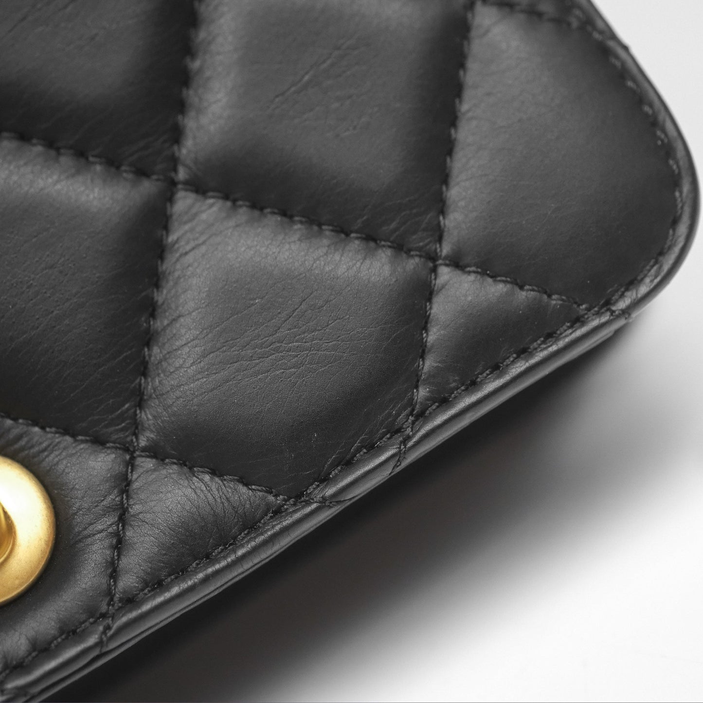 Chanel Quilted Side Chain Flap Bag Black Calfskin Aged Gold Hardware