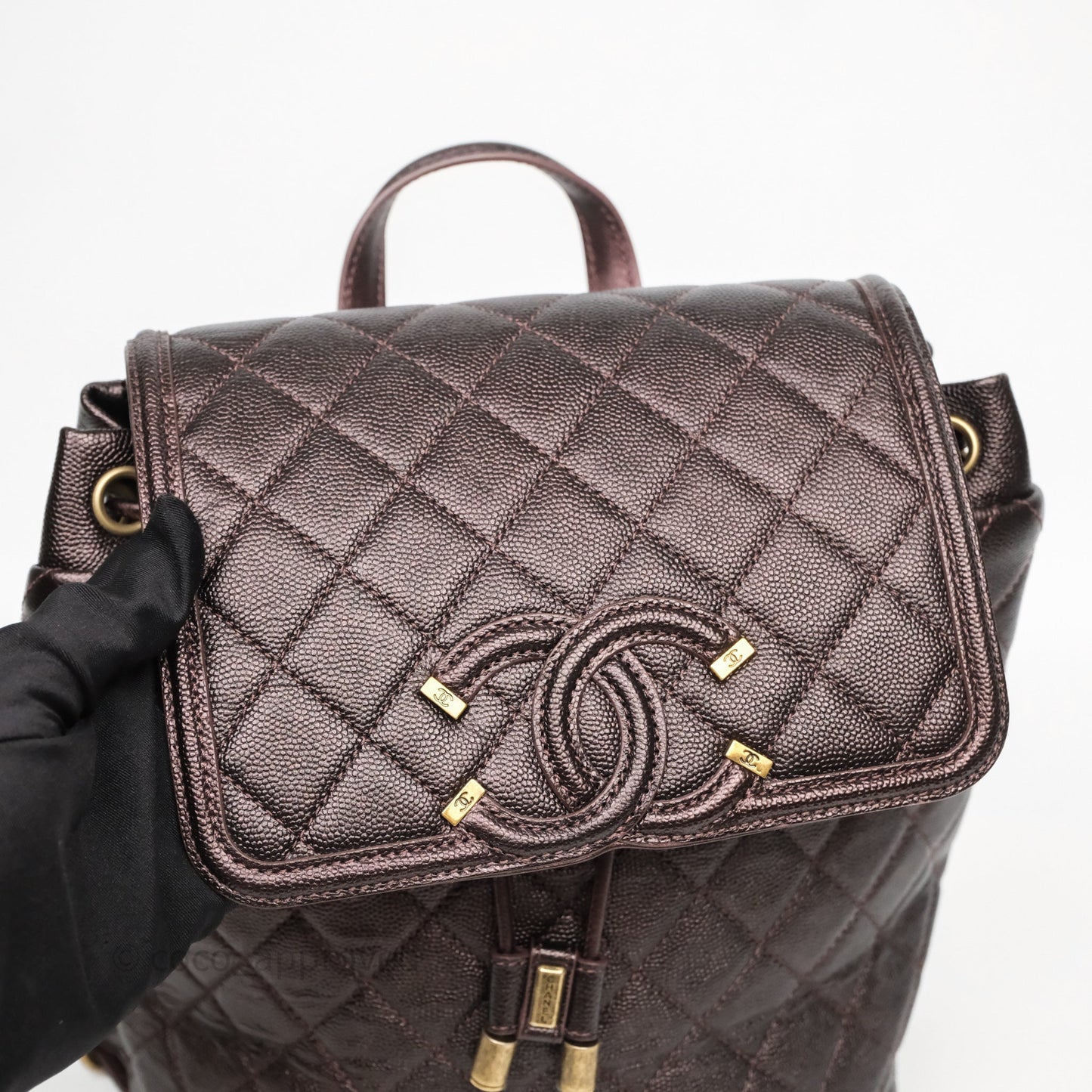 Chanel Quilted Filigree Backpack Purple Iridescent Burgundy Caviar Aged Gold Hardware