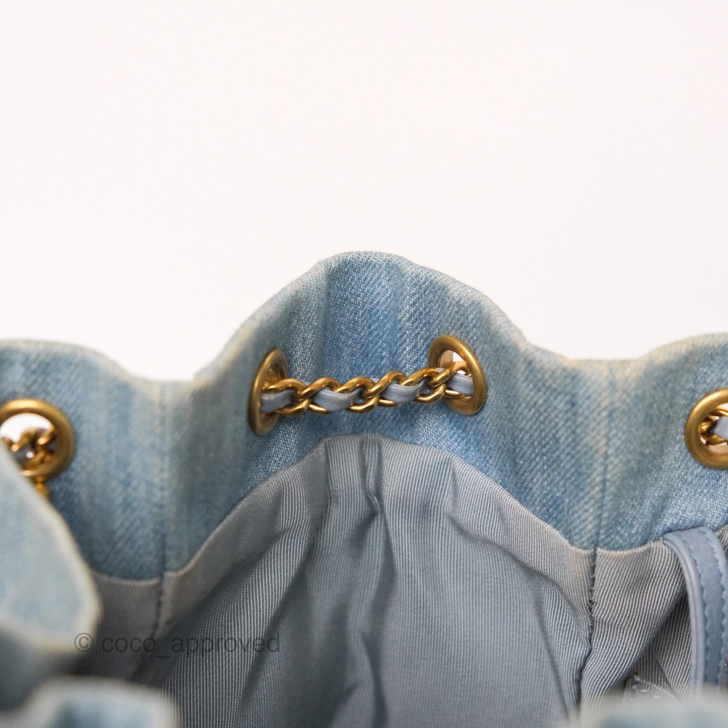 Chanel Drawstring Bucket Bag Denim Blue Aged Gold Hardware