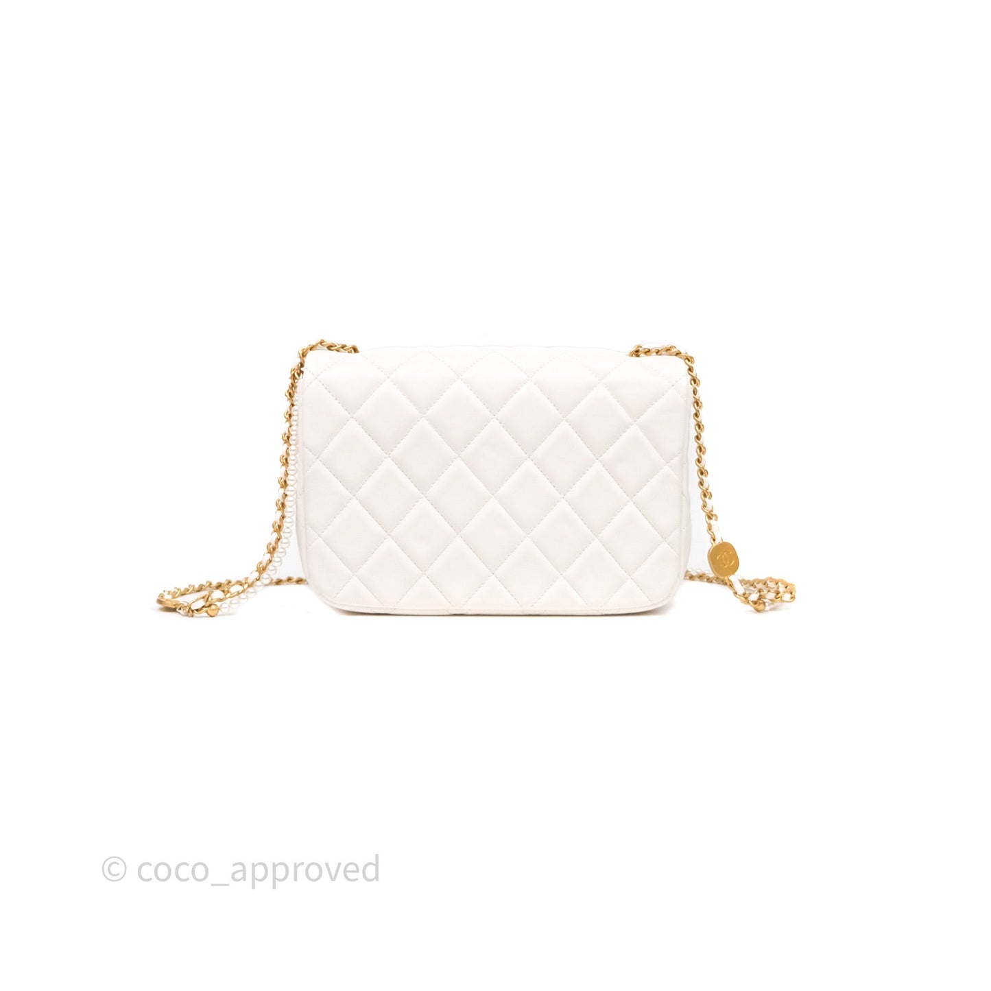 Chanel Flap Bag with Pearl Chain Ivory White Aged Gold Hardware 25P