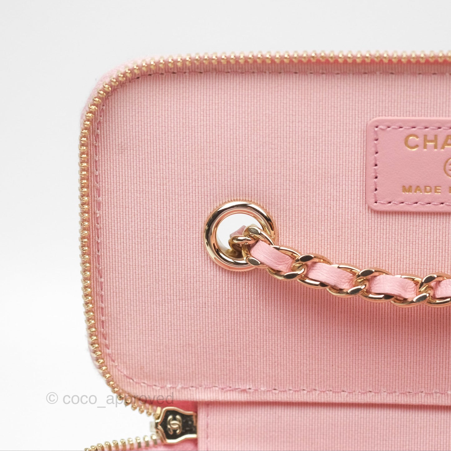 Chanel Vanity with Chain Camellia Embossed Pink Lambskin Gold Hardware