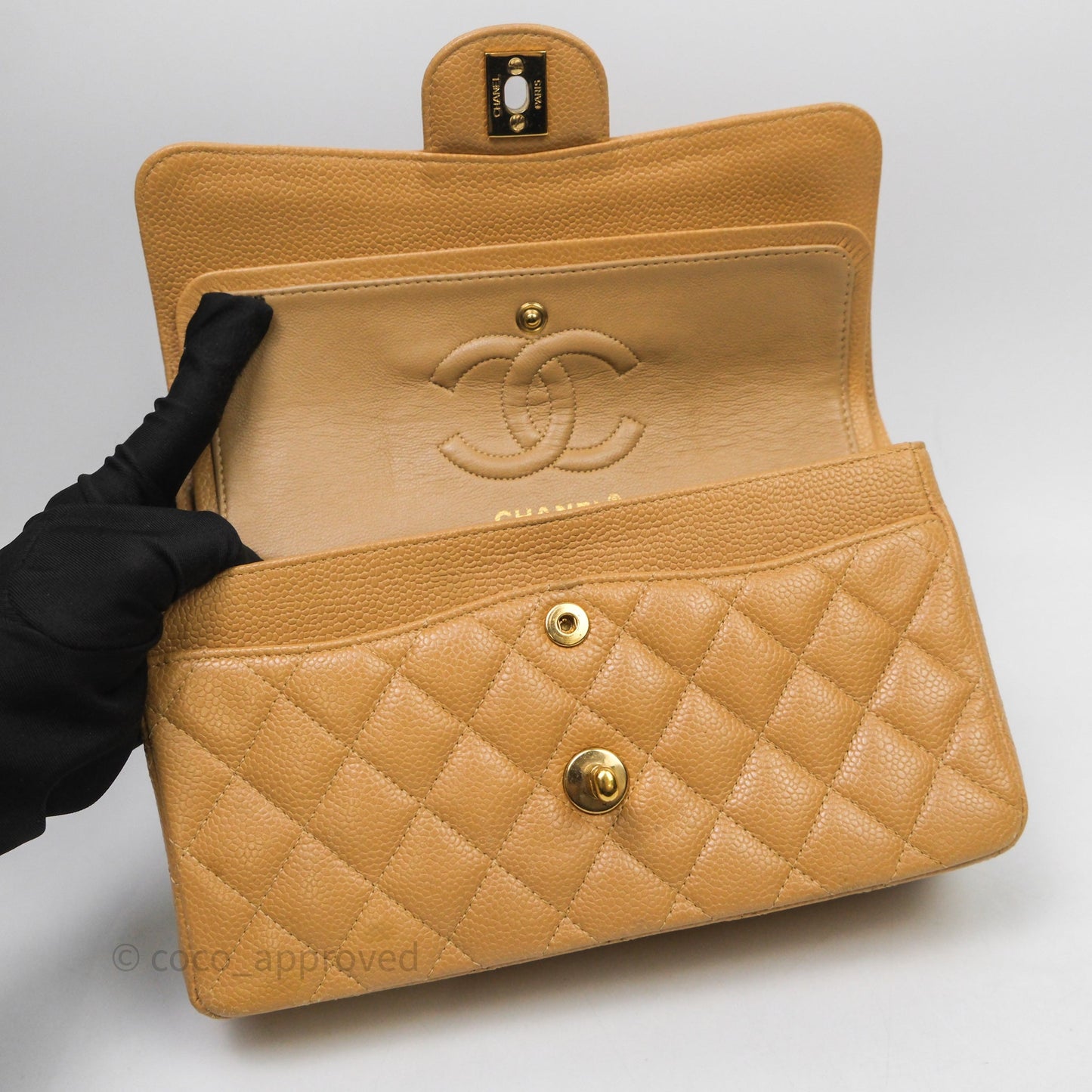 Chanel Vintage Small Classic Flap Beige Claire Caviar 24K Gold Hardware