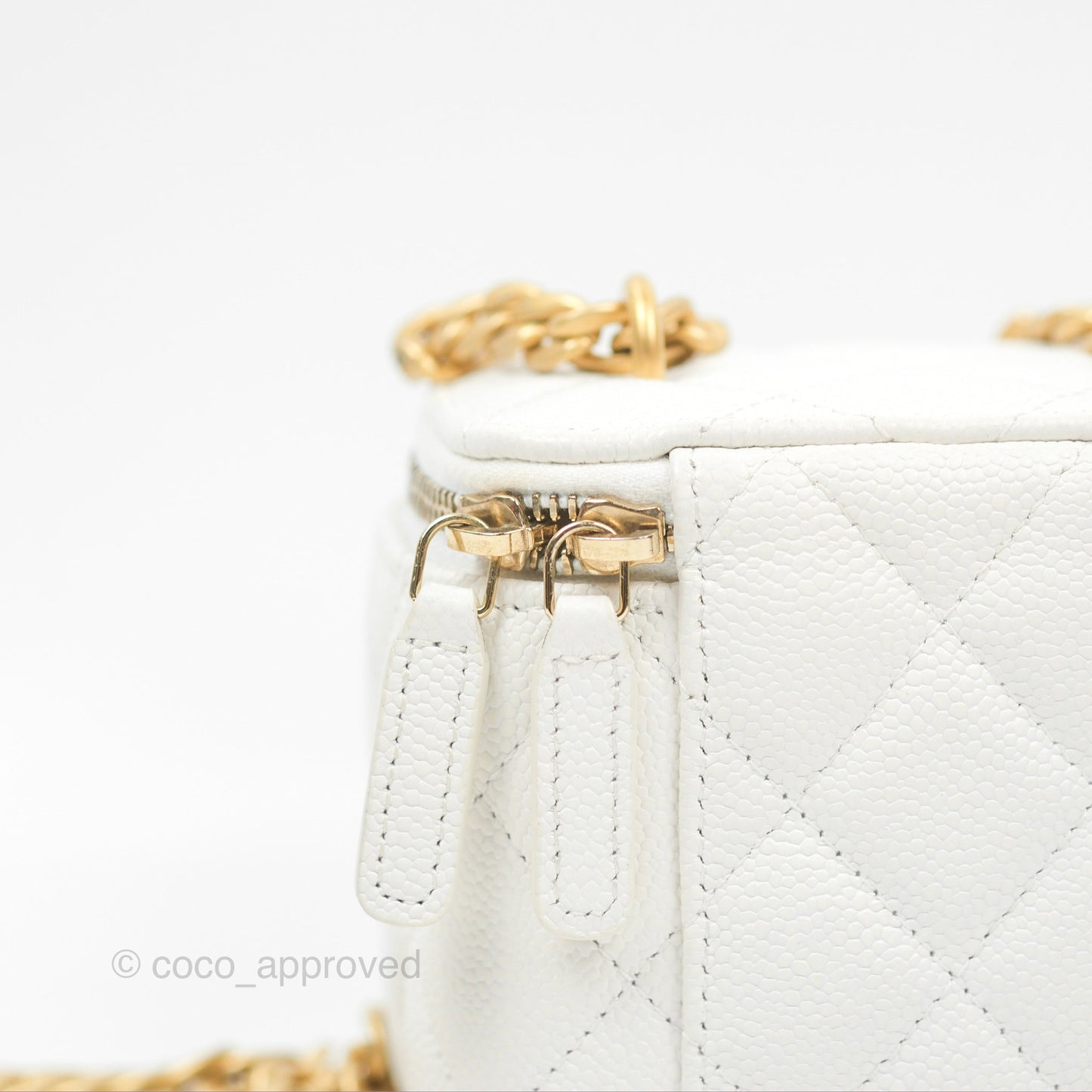 Chanel Quilted Heart Crush Mini Vanity With Chain White Caviar Aged Gold Hardware