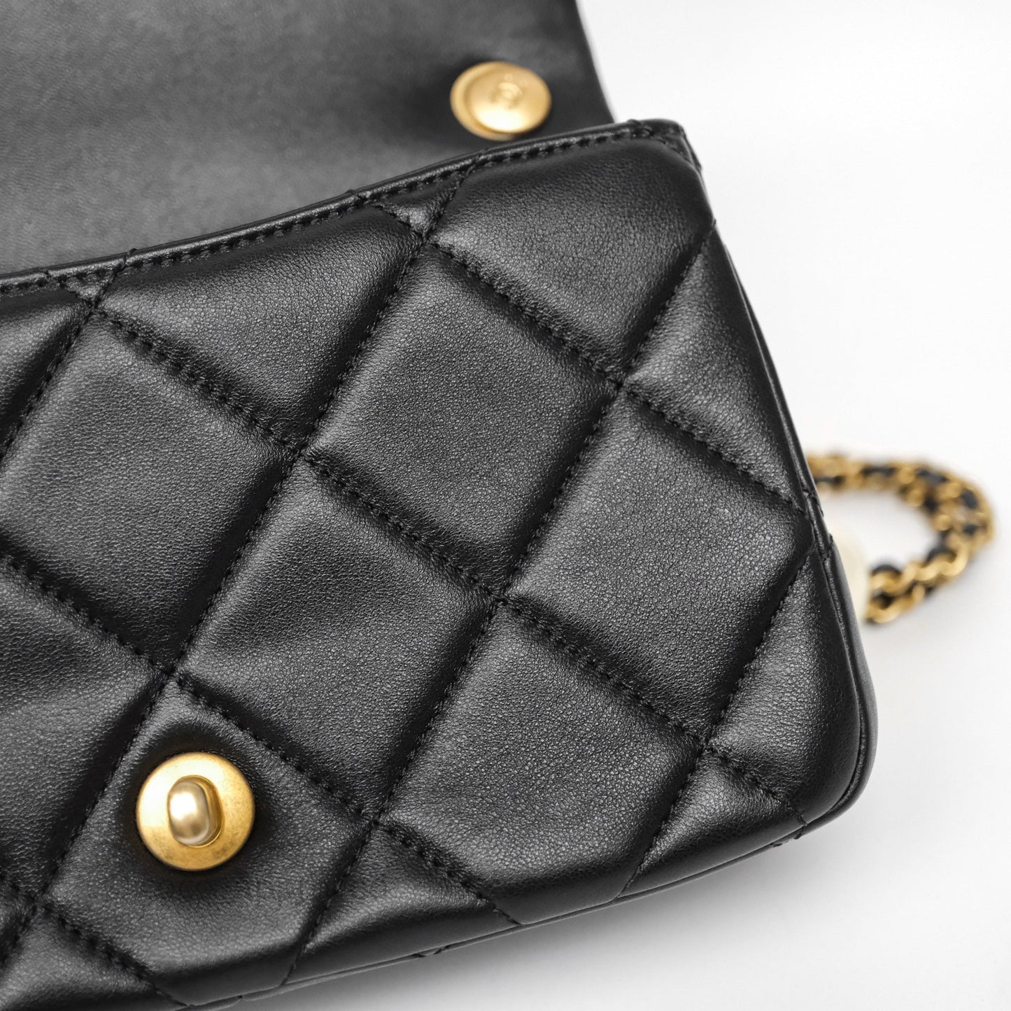 Chanel Quilted Flap Bag with Pearl Chain Black Calfskin Aged Gold Hardware