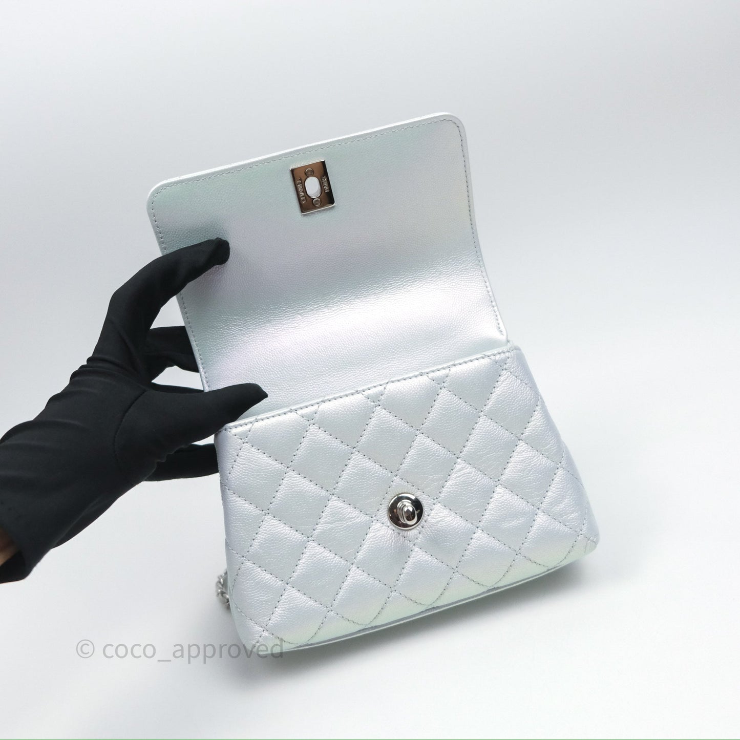 Chanel Mini Coco Handle Quilted Iridescent Light Blue Caviar Rainbow Hardware