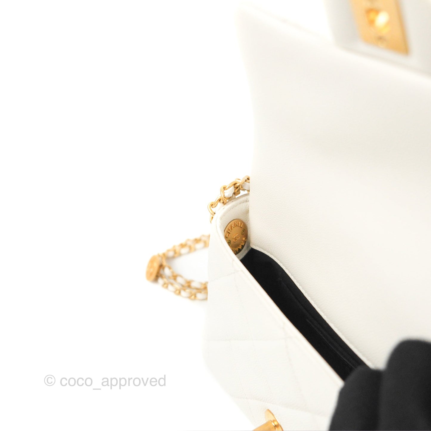 Chanel Mini Flap with Coin Charm White Caviar Aged Gold Hardware 22A