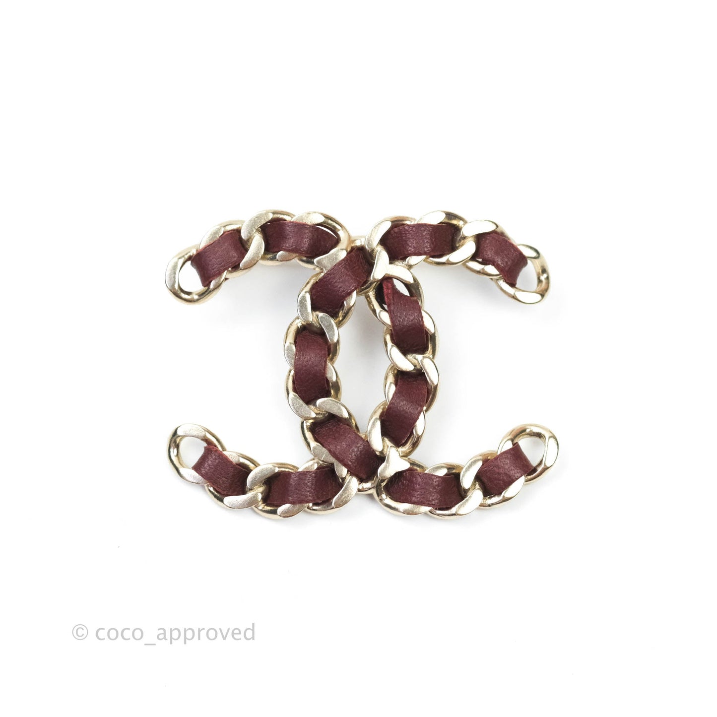 Chanel CC Braided Leather Burgundy Brooch Gold Tone 16B