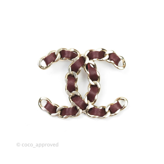 Chanel CC Braided Leather Burgundy Brooch Gold Tone 16B