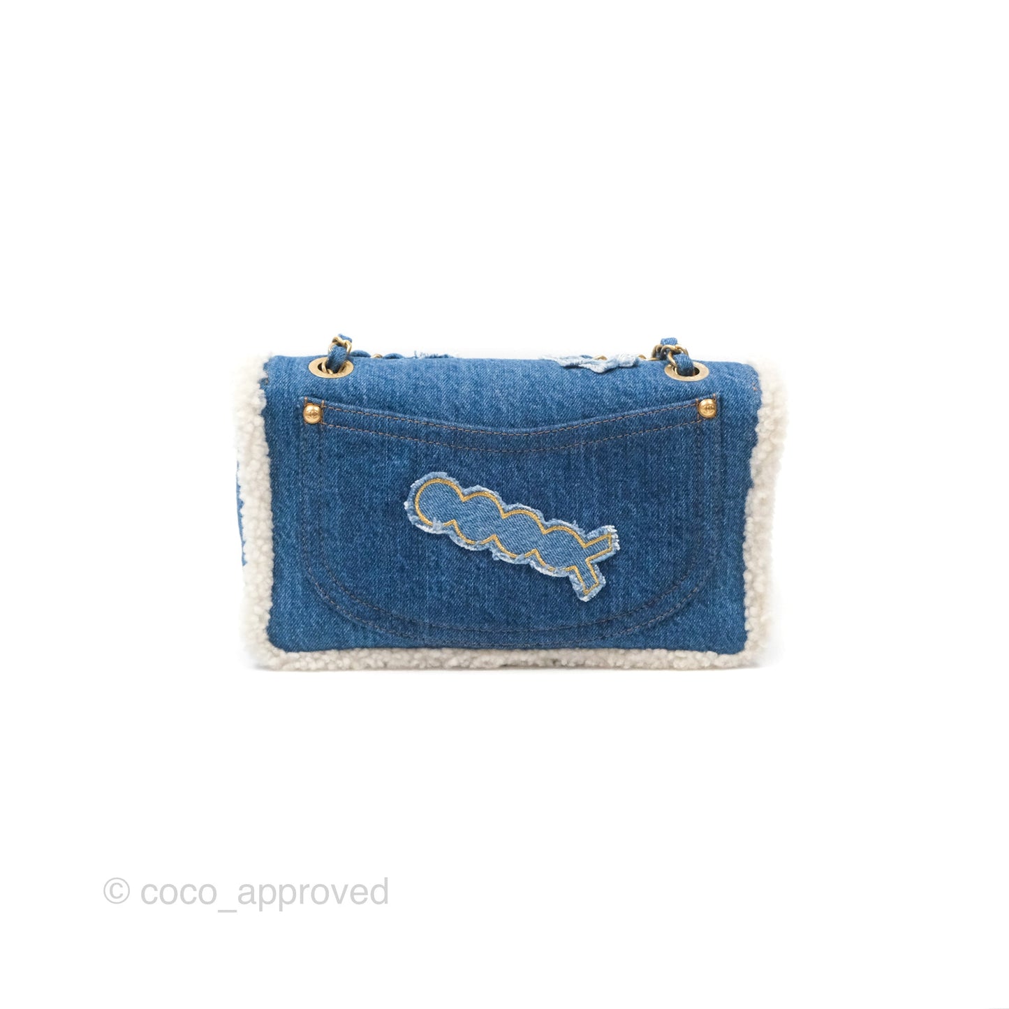 Chanel Medium Denim Shearling Hieroglyph Flap Bag Aged Gold Hardware