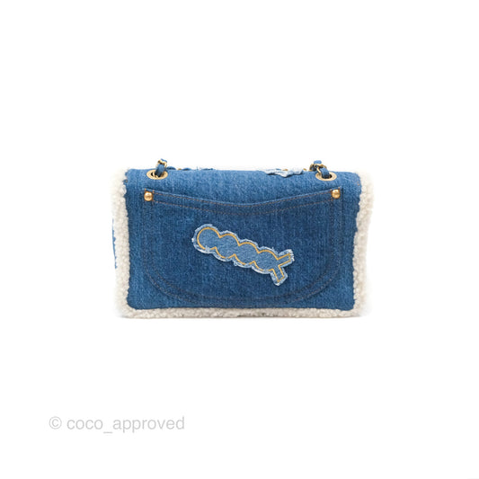 Chanel Medium Denim Shearling Hieroglyph Flap Bag Aged Gold Hardware
