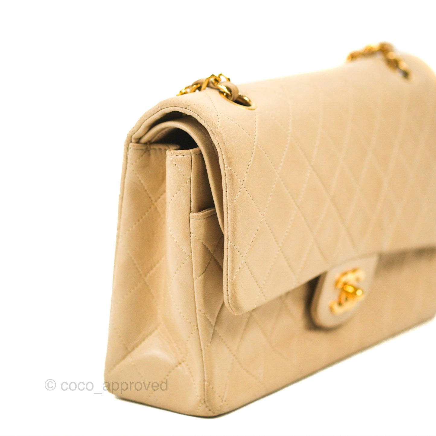 Chanel Vintage Medium Classic Flap Beige Lambskin 24K Gold Hardware