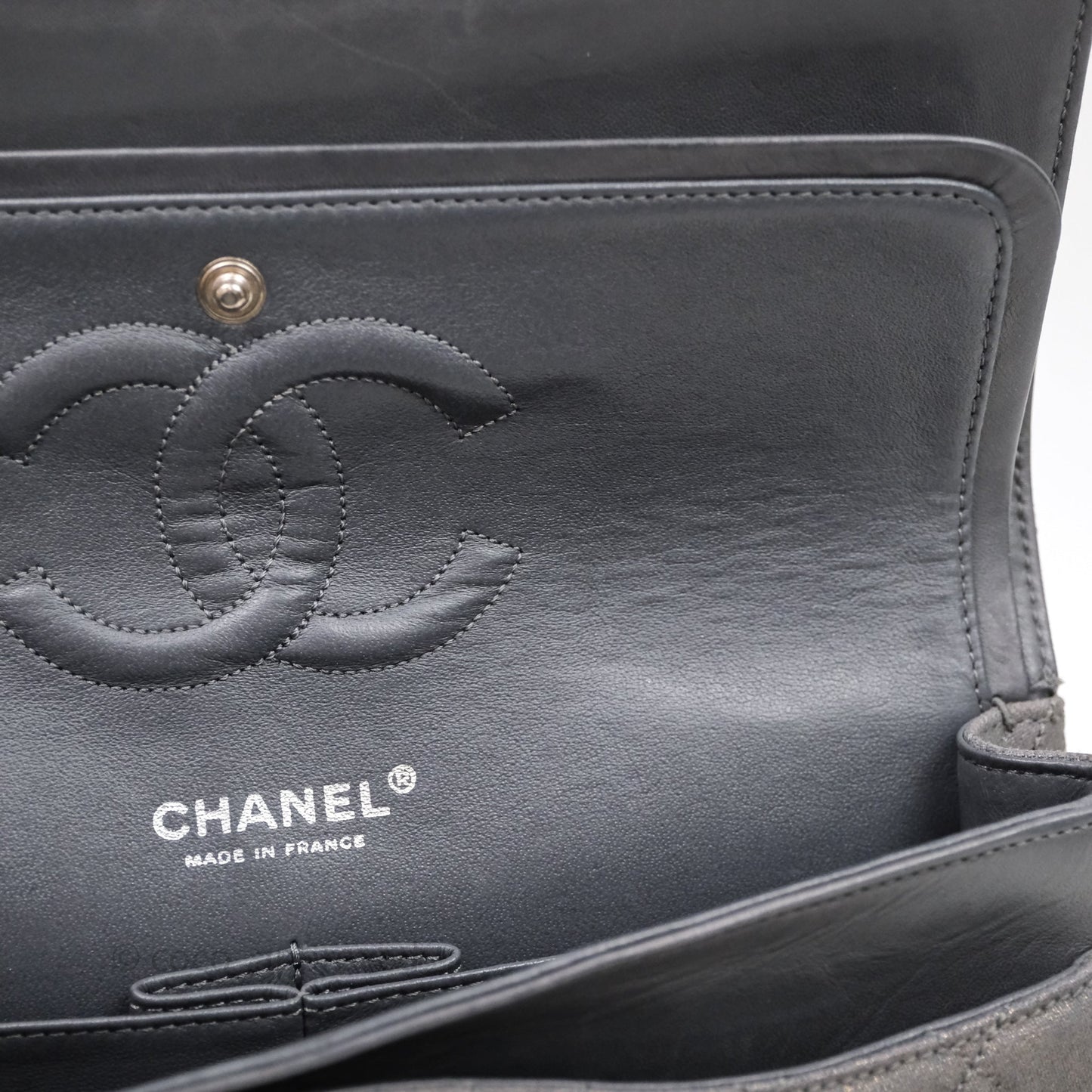 Chanel Classic M/L Medium Flap Quilted Iridescent Metallic Grey Canvas Silver Hardware