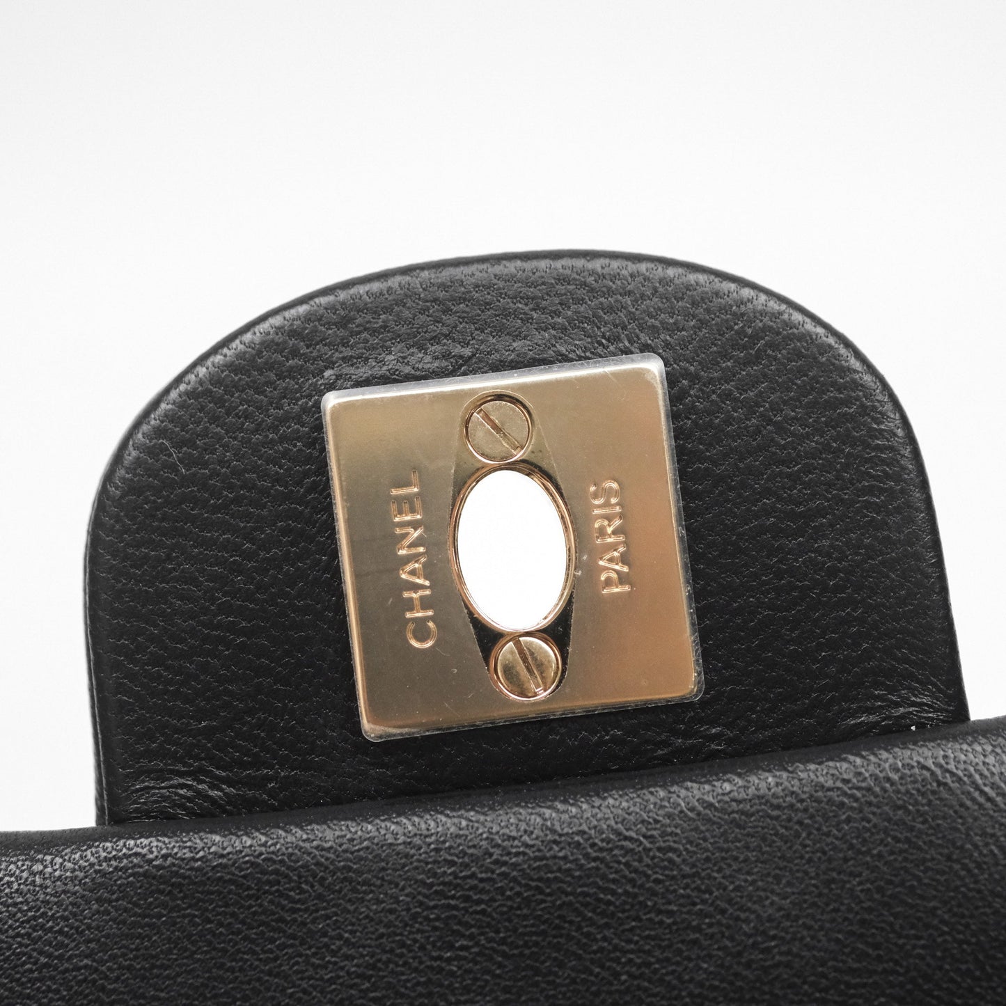Chanel Logo Pearl Chain Flap Bag Black Lambskin Gold Hardware