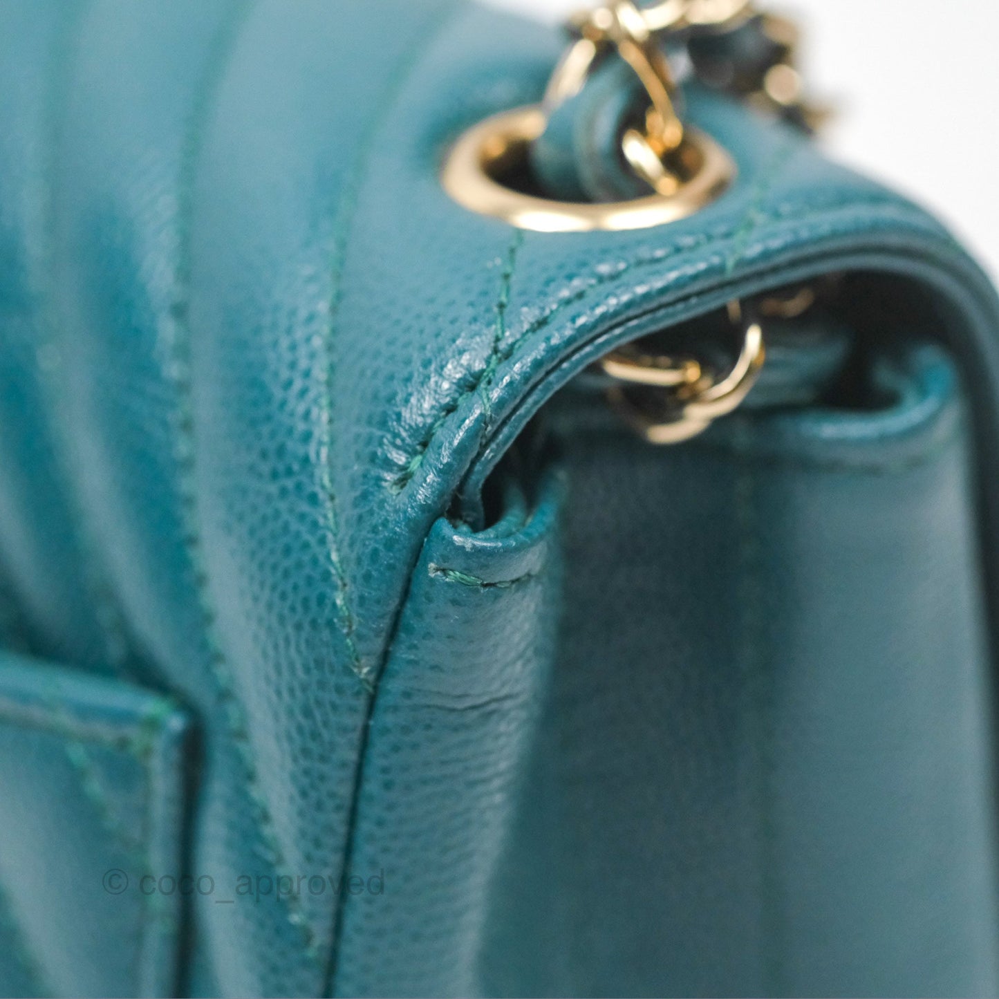 Chanel Mini Square Flap Chevron Teal Caviar Gold Hardware