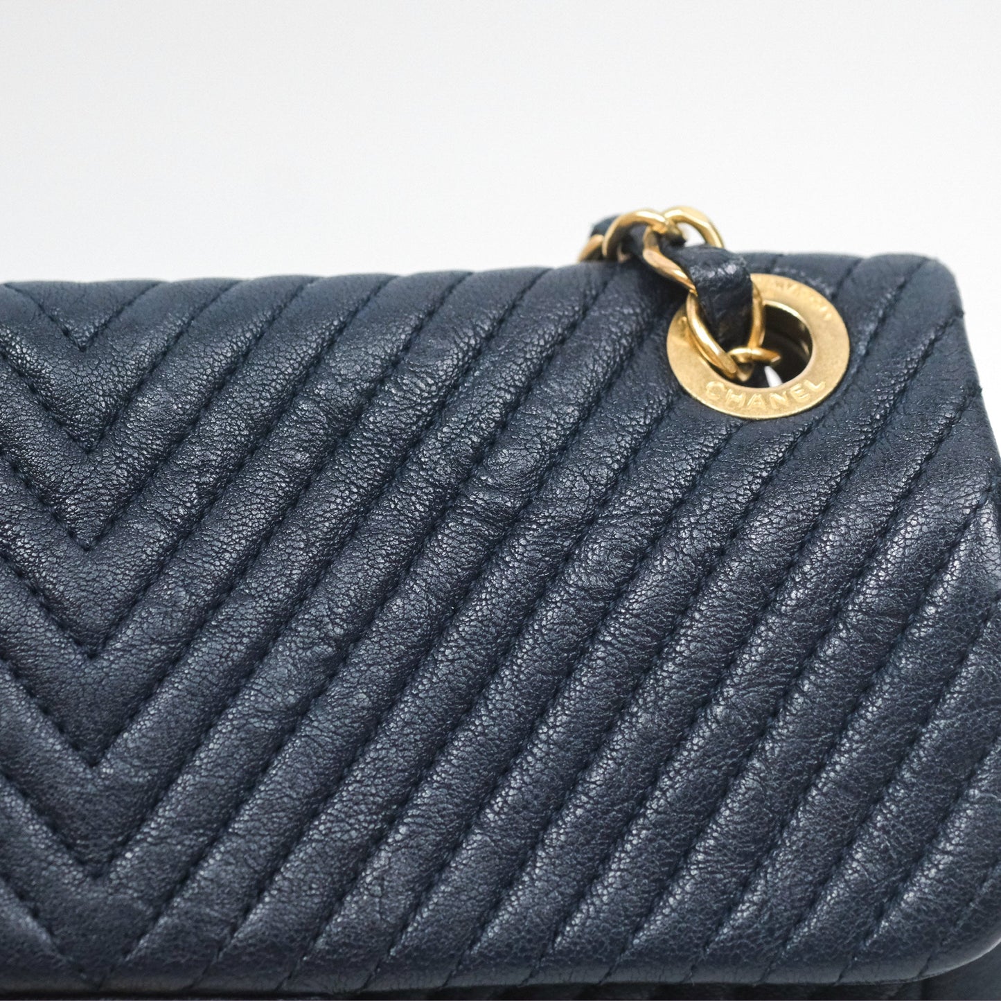 Chanel Small Chevron Surpique Flap Navy Calfskin Aged Gold Hardware