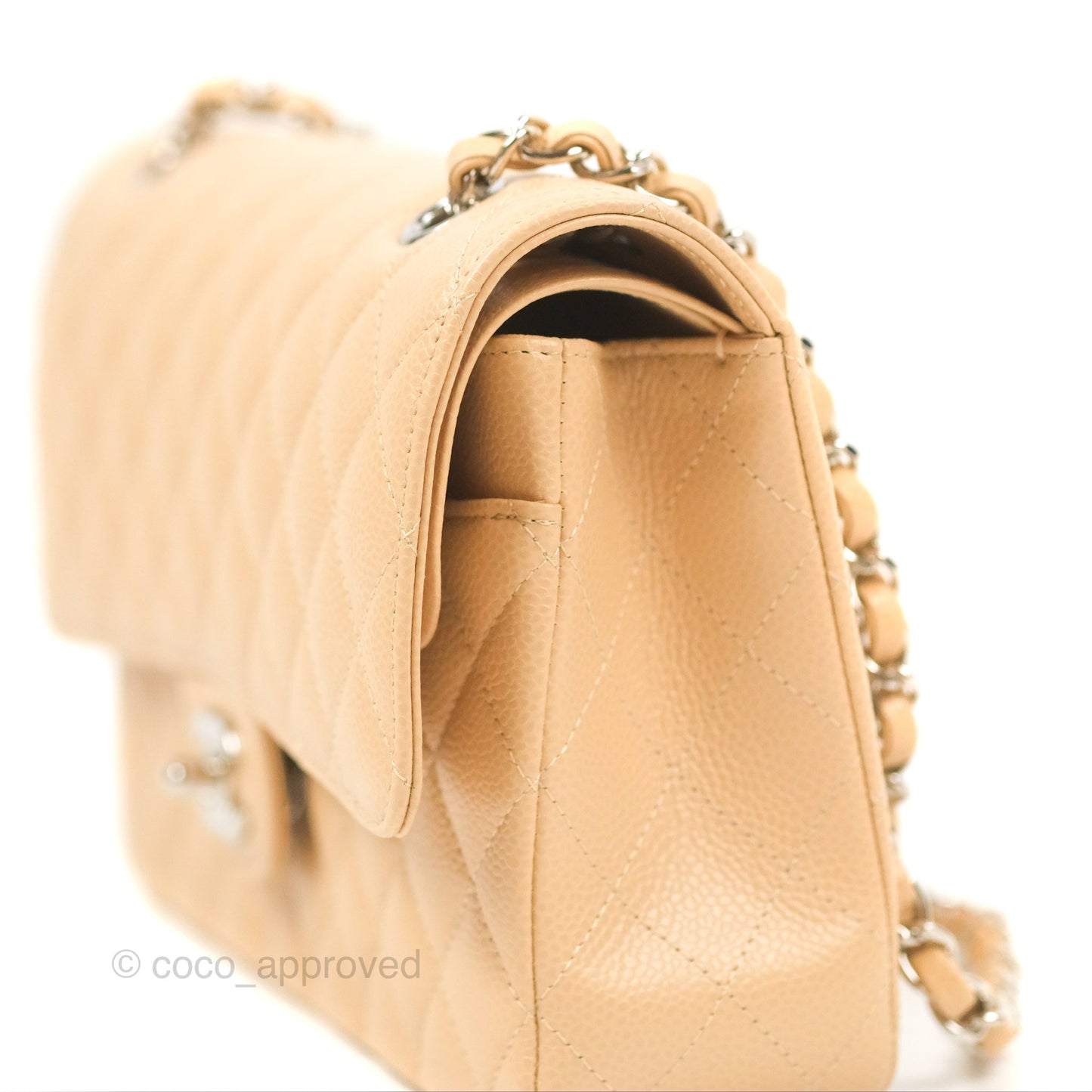 Chanel Classic M/L Medium Flap Quilted Beige Caviar Silver Hardware