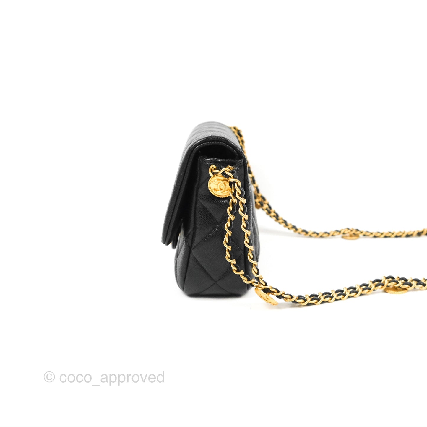 Chanel Small Flap with Coin Charm Black Caviar Aged Gold Hardware 22A